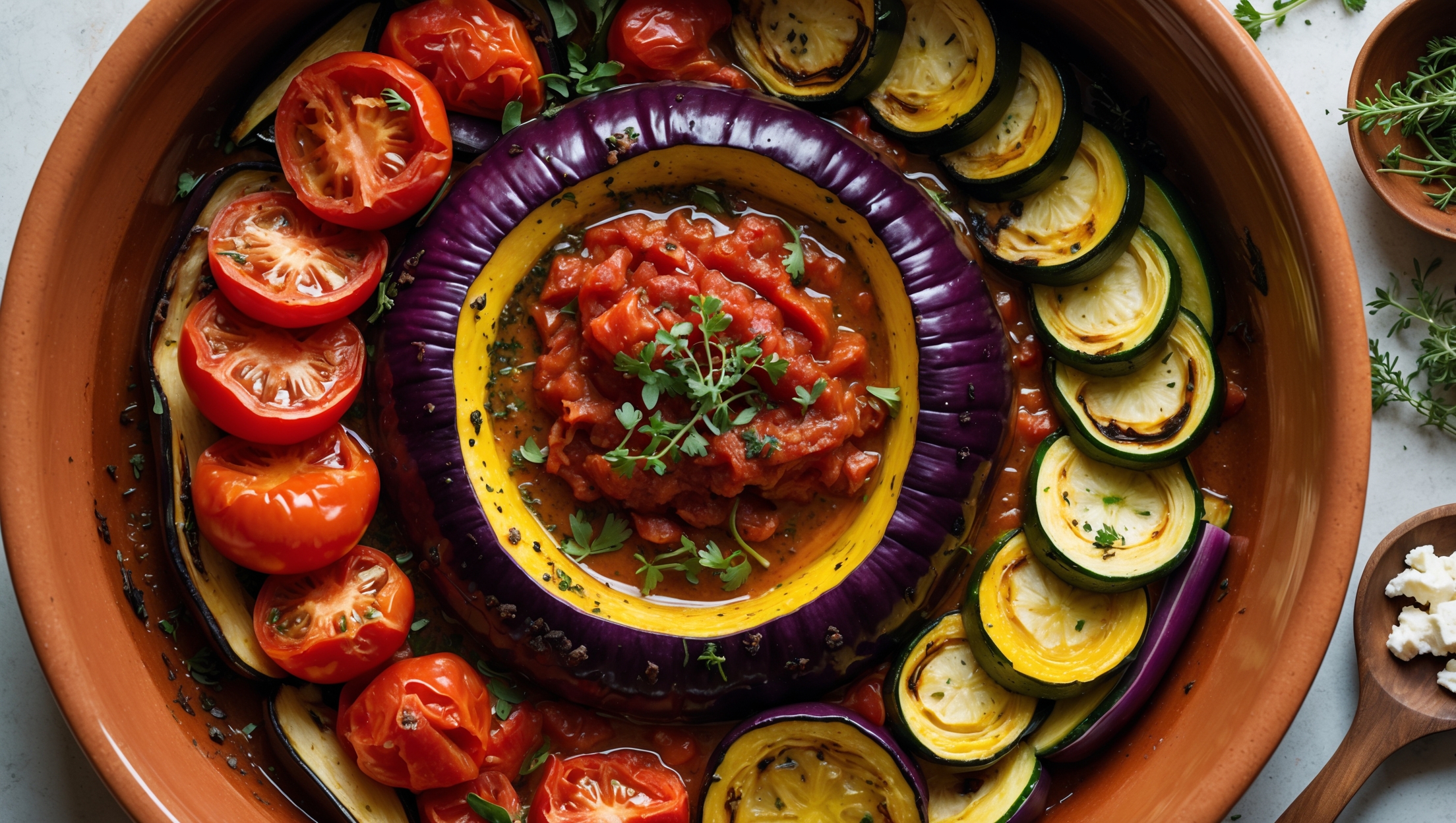 An overhead shot of a circular ceramic baking dish filled with concentric rings of thinly sliced vegetables—vibrant red tomatoes, deep purple eggplant, sunshine-yellow squash, and forest-green zucchini—glistening under a drizzle of olive oil and flecks of fresh herbs. The edges show delicate charring while the center reveals the rich tomato sauce bubbling through. Natural light floods the scene, highlighting the contrast between the rustic terracotta dish and the jewel-toned vegetables. A wooden serving spoon rests nearby alongside scattered fresh thyme sprigs and a small bowl of crumbled feta for serving.