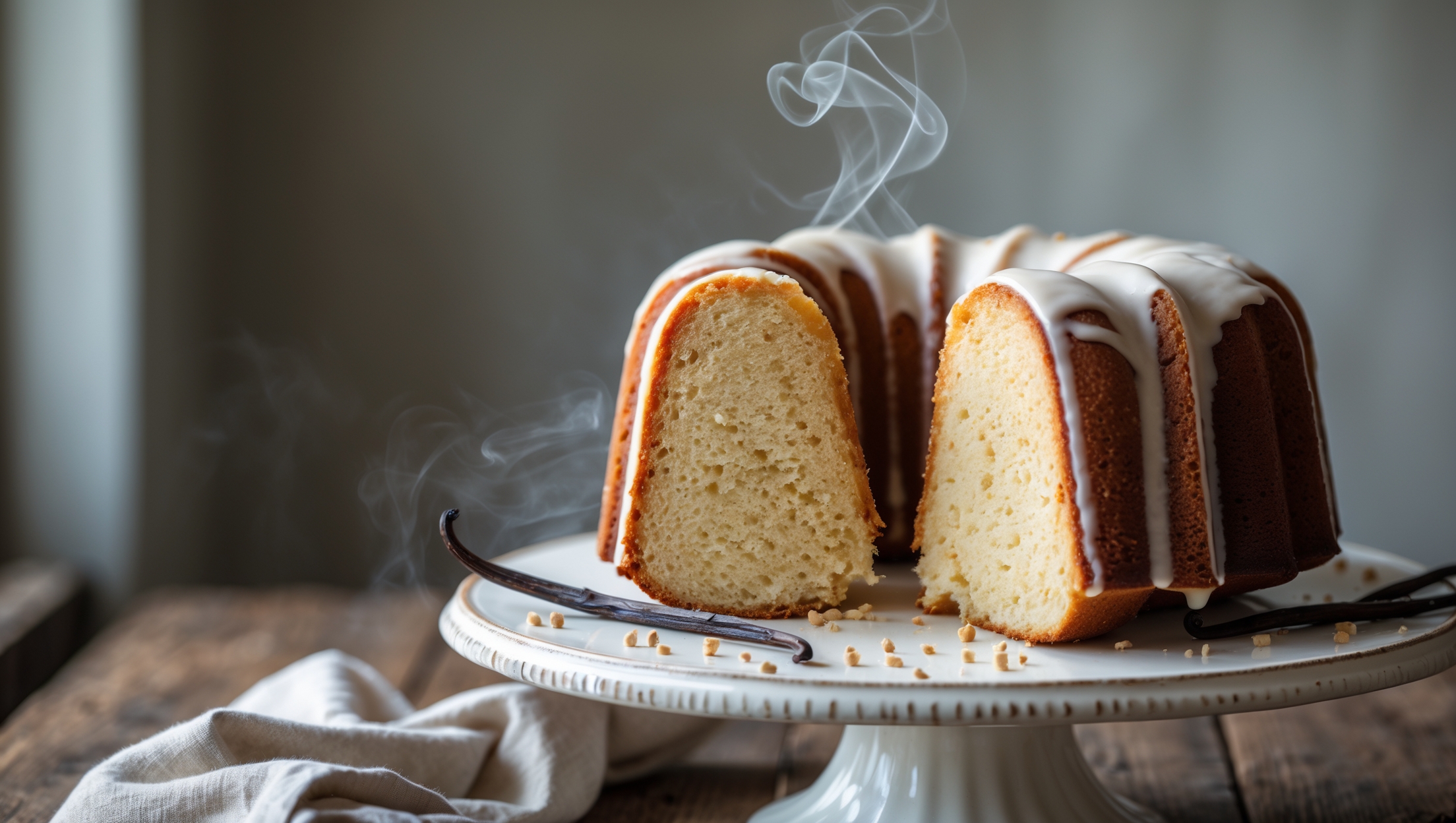 An elegant bundt cake photographed in soft, diffused natural light on a vintage white ceramic cake stand. The cross-section reveals a perfect golden-yellow crumb with a fine, moist texture. The vanilla glaze cascades down the distinctive ridges of the bundt, pooling delicately at the base. A few whole vanilla beans and scattered vanilla bean specks decorate the scene, while the backdrop features a rustic wooden table with a folded linen napkin. Steam wisps rise subtly from a freshly cut slice, emphasizing the cake's warmth and freshness.