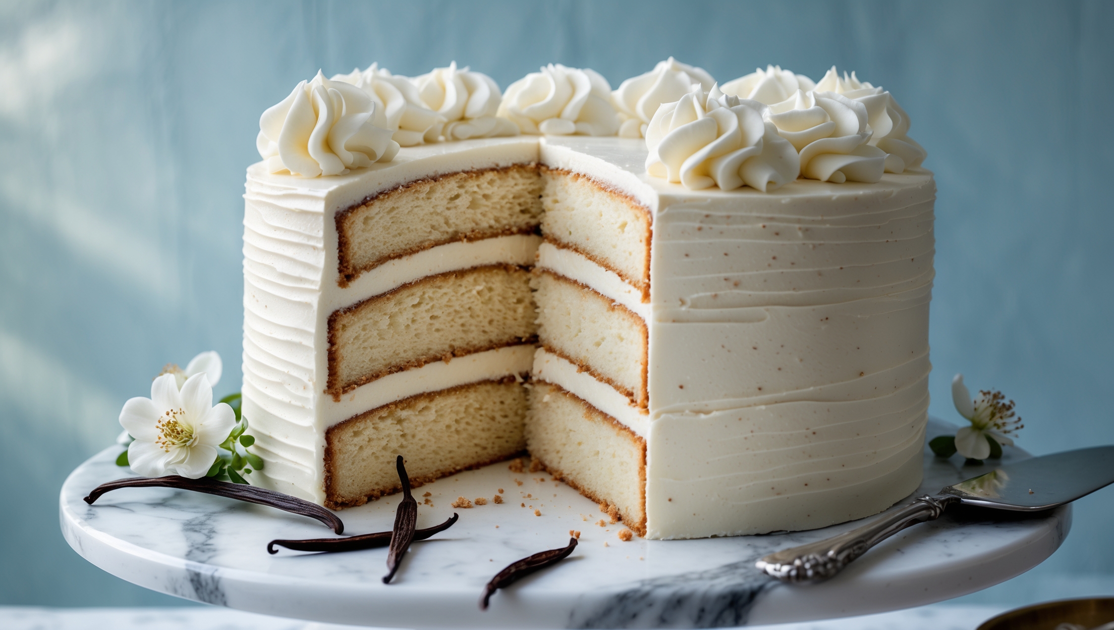 An elegant three-layer vanilla cake captured in soft, diffused natural light against a pale blue backdrop. The cross-section view reveals perfectly even, golden cake layers separated by smooth vanilla buttercream. The exterior features pristine white frosting applied in subtle textured swirls, with tiny flecks of vanilla bean visible throughout. A few fresh flowers and scattered vanilla pods decorate the marble cake stand, while a slice being removed shows the cake's impressively soft, fine crumb. A vintage silver cake server rests nearby, holding a perfect portion that highlights the cake's delicate, moist texture.