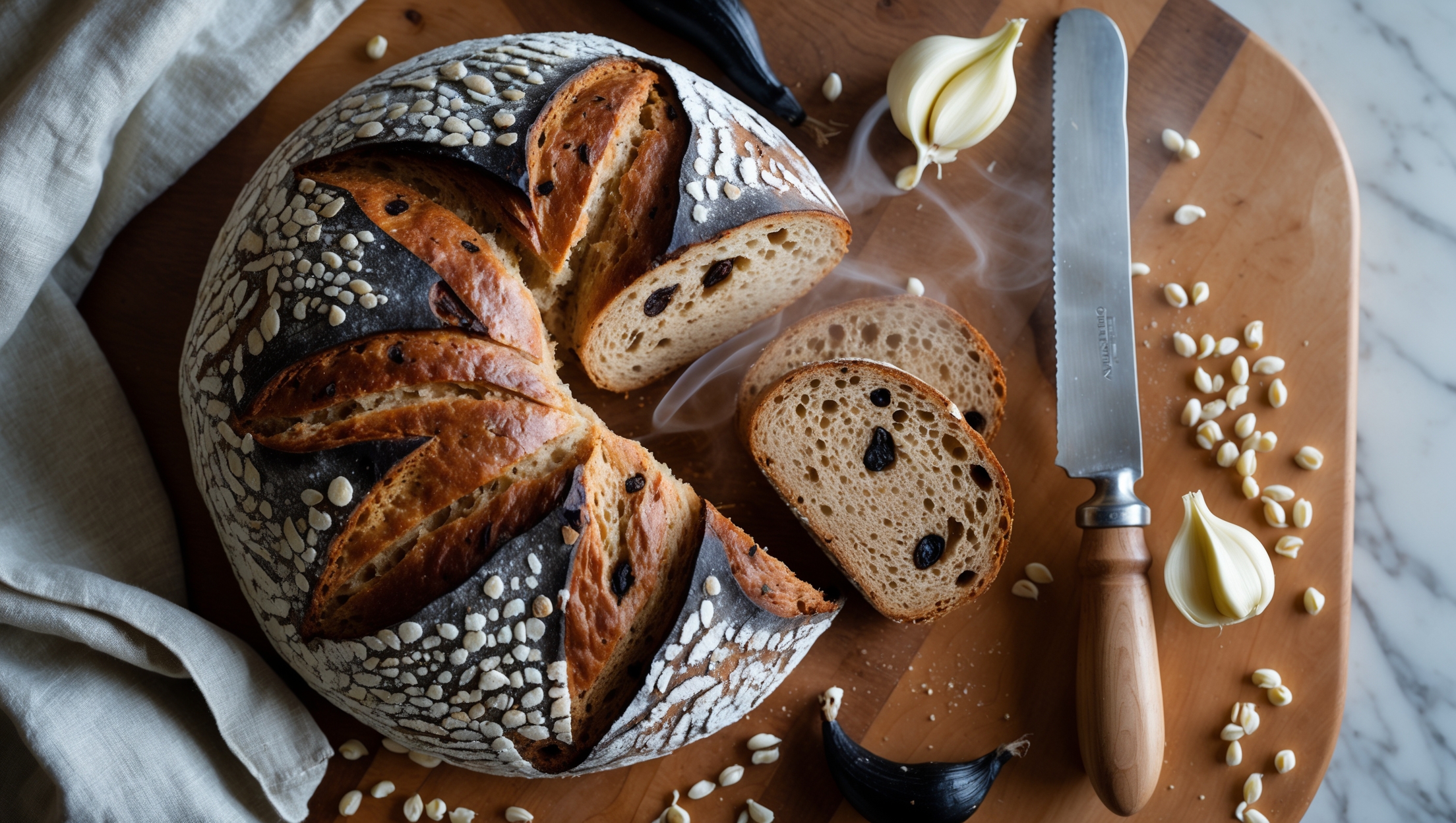 Overhead shot of a rustic round loaf with a deep burnished crust, captured in soft natural light on a wooden bread board. A cross-section reveals a tender crumb with visible specks of dark cocoa nibs and caramelized black garlic cloves distributed throughout the wheaty interior. Scattered around the base are a few sprouted wheat berries and whole black garlic cloves, with a light dusting of flour creating beautiful contrast. A linen napkin and vintage bread knife rest nearby, while steam wisps suggest the bread has just been sliced, releasing its complex aroma of chocolate, garlic, and grain.