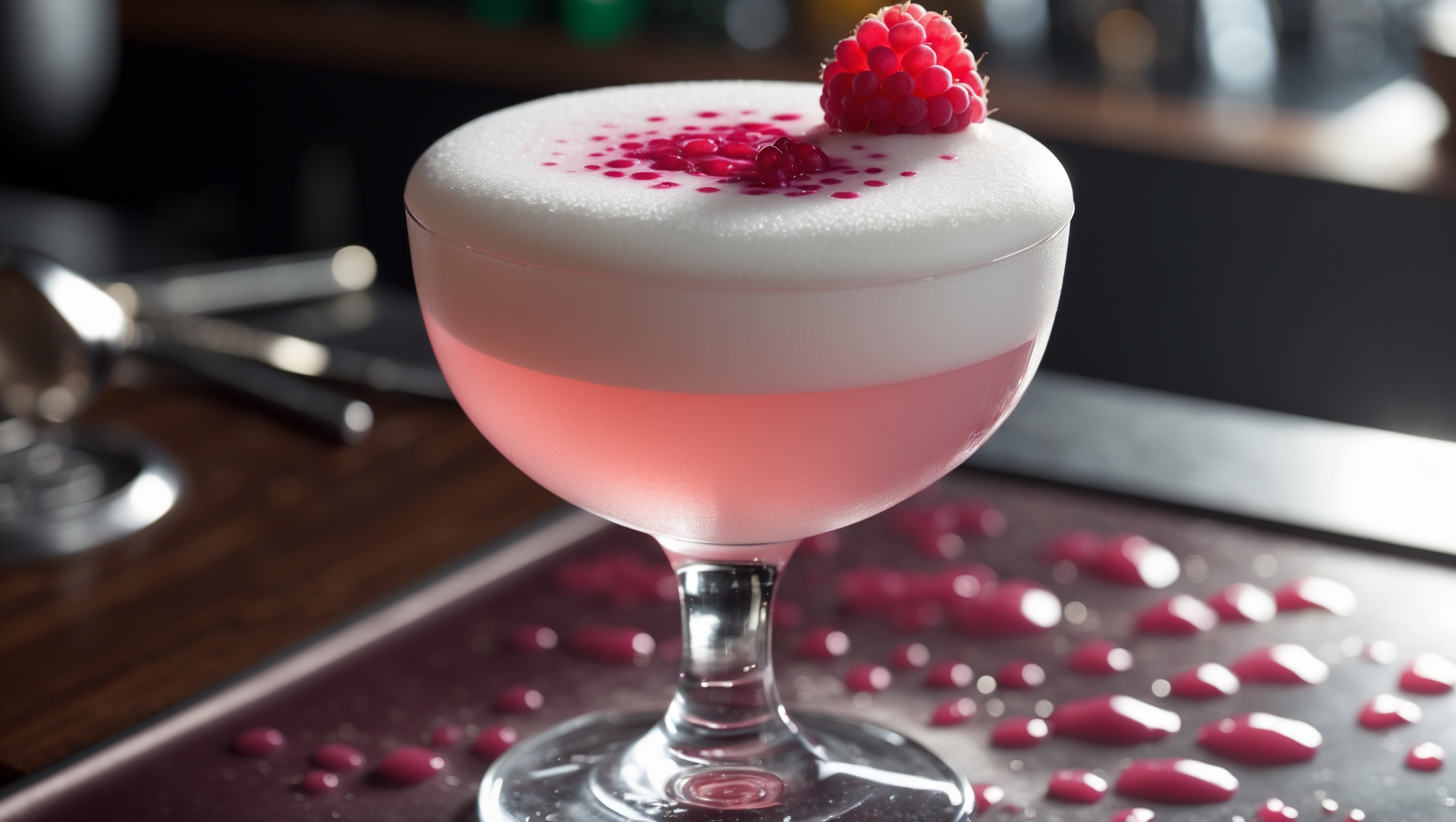 A chilled coupe glass showcases the Clover Club's signature blush-pink hue with a luxurious egg white foam creating a pristine white cap atop the cocktail. Soft natural lighting highlights the silky texture and catches the rim of the crystal-clear glass. A delicate fresh raspberry garnish sits on the foam's pillowy surface, with tiny droplets of raspberry coulis creating artistic dots on the white canvas. The background features a dark wooden bar surface with soft-focus bar tools, creating depth while maintaining the cocktail as the clear focal point.
