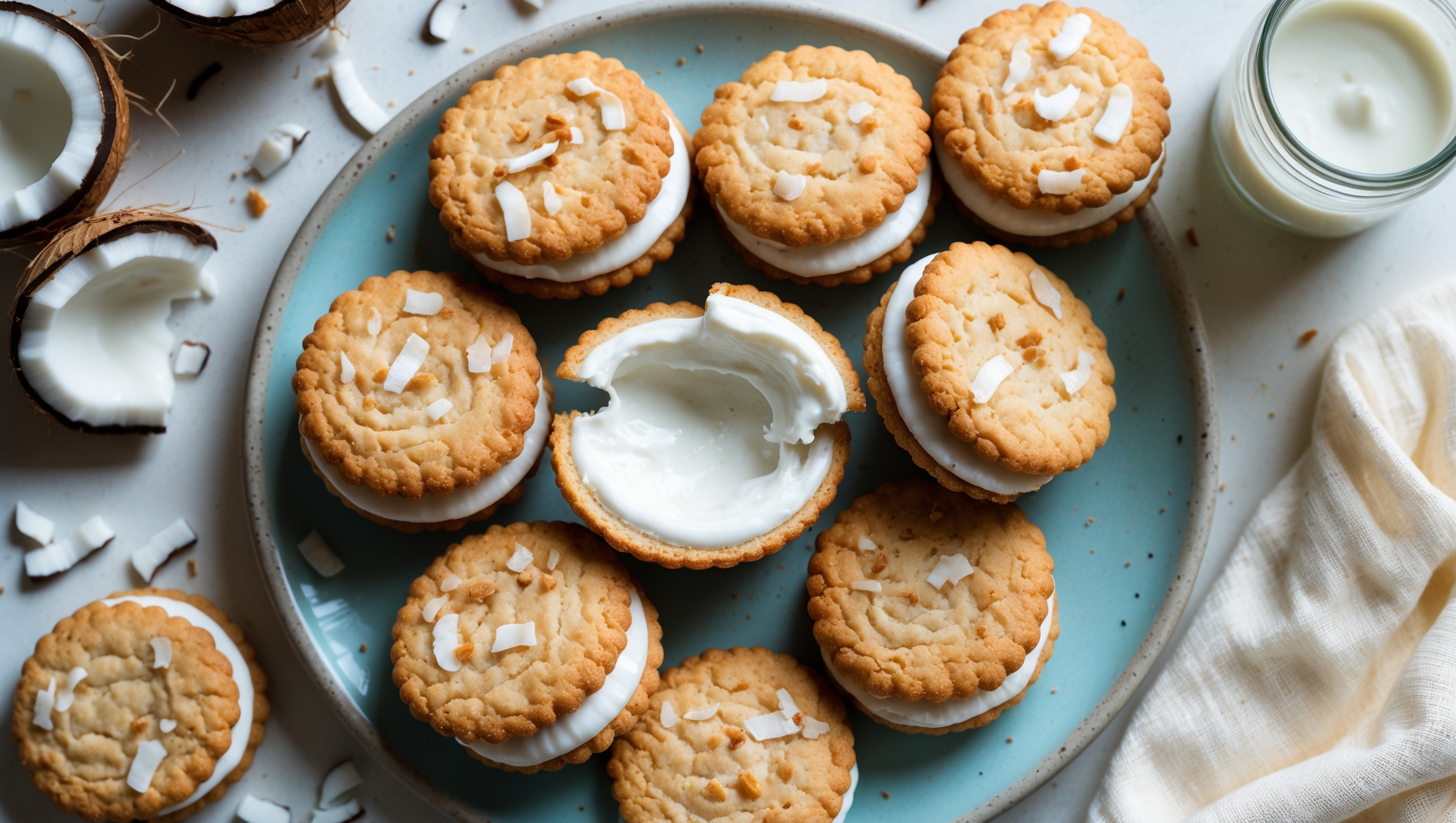 An overhead shot of coconut cream sandwich cookies arranged in a spiral pattern on a light blue ceramic plate, with a few broken in half to reveal the thick, white coconut cream filling. The cookies themselves are golden brown with visible coconut flakes embedded in their surface, creating a textural contrast against the smooth filling. Soft natural light streams in from the side, highlighting the delicate crumb of the cookies and the glossy sheen of the filling. In the background, a small glass bottle of coconut milk and scattered coconut flakes create context, while a linen napkin in cream adds warmth to the composition. The cross-section view showcases the perfect ratio of crisp cookie to creamy filling.