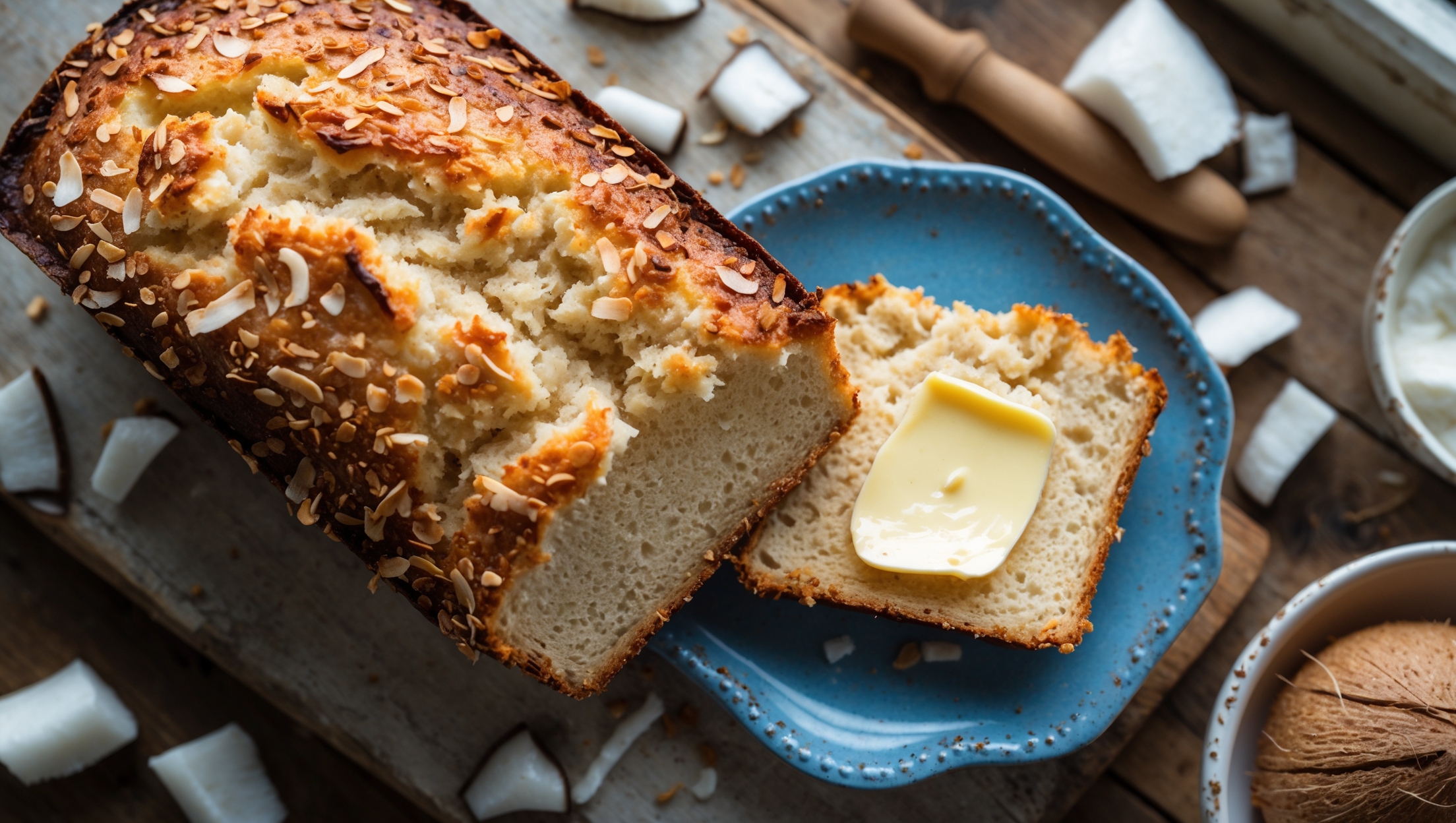 An overhead shot captures a rustic loaf of coconut bread on a weathered wooden board, with one thick slice partially pulled away revealing its moist, tender crumb studded with coconut flakes. The golden-brown crust is dusted with toasted coconut flakes that catch the soft natural light streaming through a nearby window. Scattered around the loaf are fresh coconut chunks, a small bowl of coconut oil, and a vintage blue ceramic plate holding a buttered slice. The warm, inviting composition highlights the bread's subtle golden hue and varied textures, from the crisp exterior to the soft, aromatic interior that promises tropical flavor in every bite.