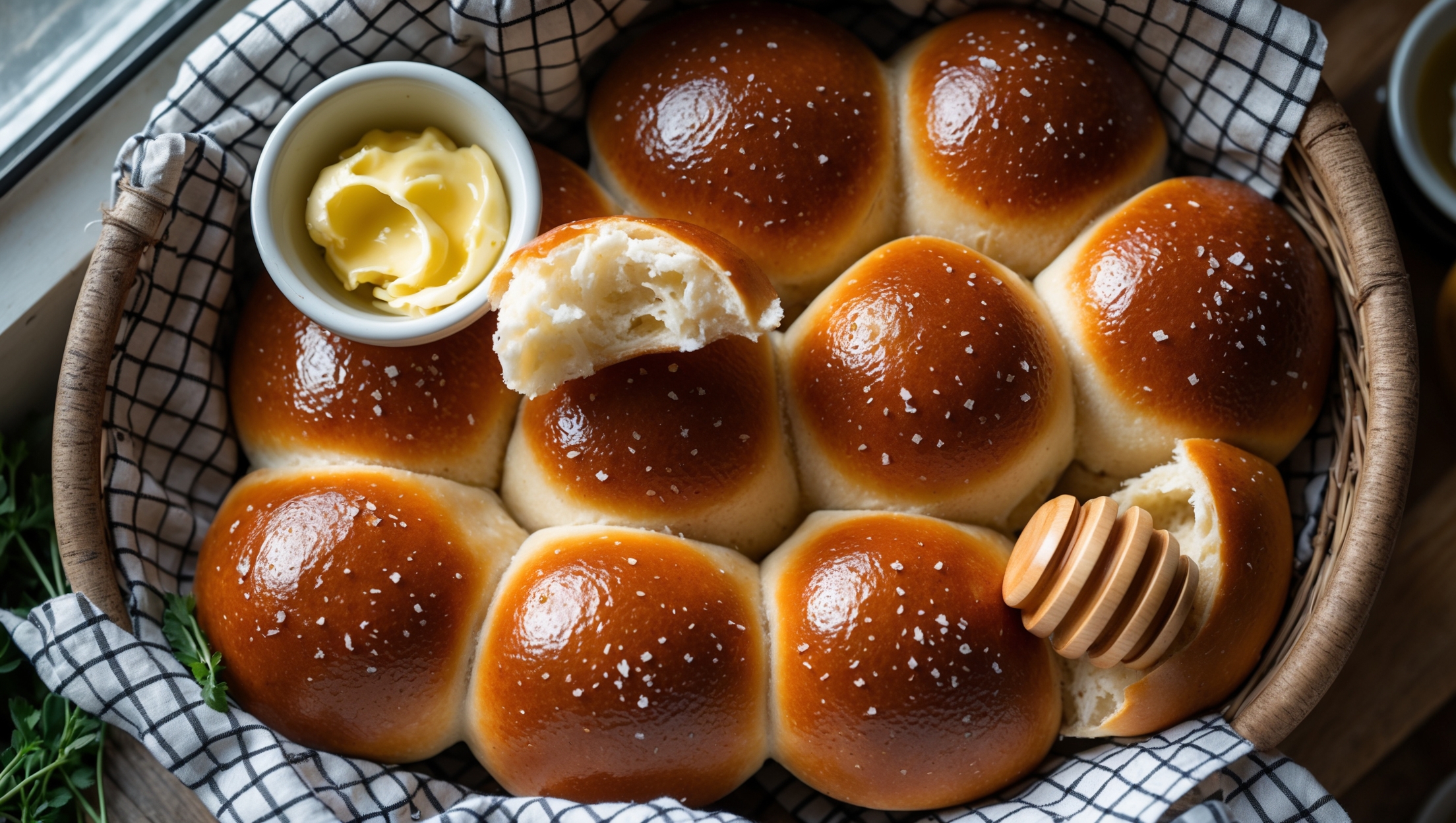 Overhead shot of golden-brown cloverleaf rolls arranged in a rustic bread basket lined with a checkered cloth, with one roll pulled apart to reveal its fluffy, airy interior. Shot in soft natural light streaming through a kitchen window, highlighting the glossy butter-brushed tops with tiny flecks of sea salt catching the light. A small ramekin of honey butter and a wooden honey dipper sit alongside, with a few scattered herbs adding a pop of green against the warm amber tones of the freshly baked rolls.