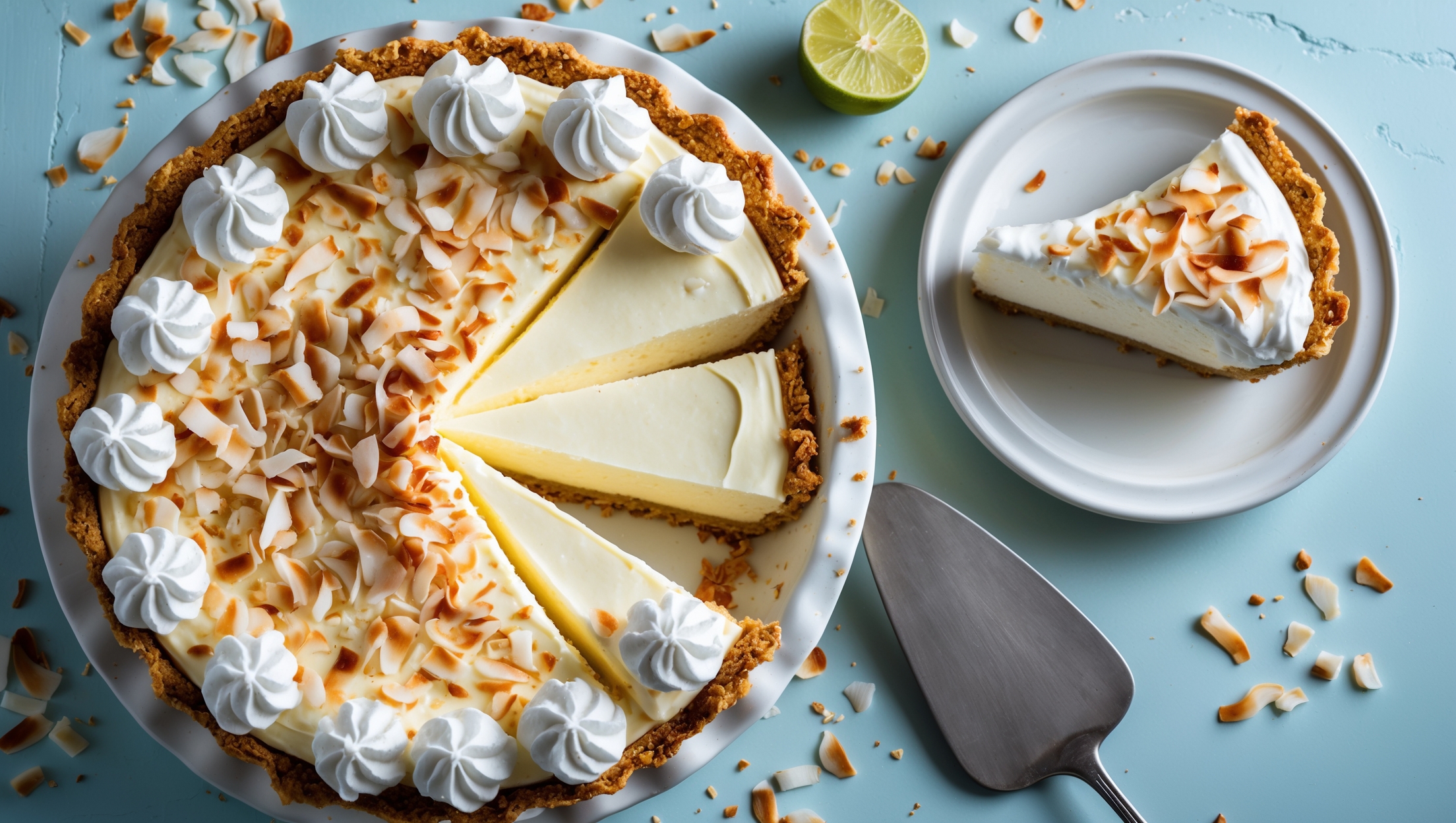 An overhead shot of a perfectly sliced coconut cream pie, revealing its three distinct layers - the golden-brown flaky crust, creamy pale yellow coconut custard filling, and billowing white whipped cream topping generously sprinkled with toasted coconut flakes. The pie rests on a vintage white ceramic cake stand against a light blue backdrop, with scattered coconut flakes and a fresh lime wedge adding vibrant contrast. Soft natural light streams in from the side, highlighting the luscious texture of the filling and the delicate ripples in the whipped cream. A silver pie server rests nearby, with one perfect slice plated on a matching dessert plate, revealing the custard's silky consistency.
