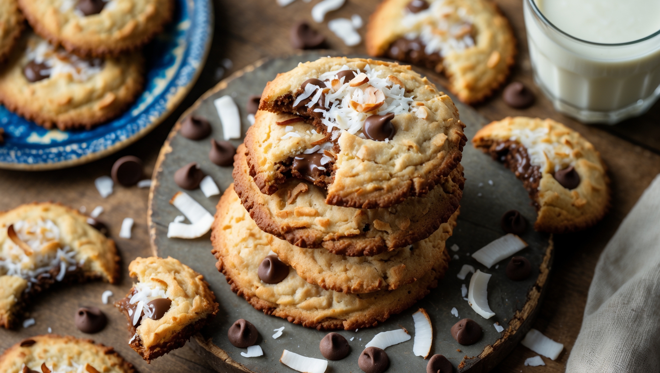 An overhead shot of golden-brown coconut chocolate chip cookies arranged in a casual stack on a rustic wooden board, with a few cookies broken in half to reveal pockets of melted chocolate and strands of toasted coconut. The natural afternoon light casts gentle shadows highlighting the cookies' textured tops, while scattered coconut flakes and chocolate chips surround the arrangement. A vintage blue ceramic plate holds additional cookies in the background, creating depth, while a glass of milk sits partially in frame, suggesting the perfect pairing for these tropical-inspired treats.