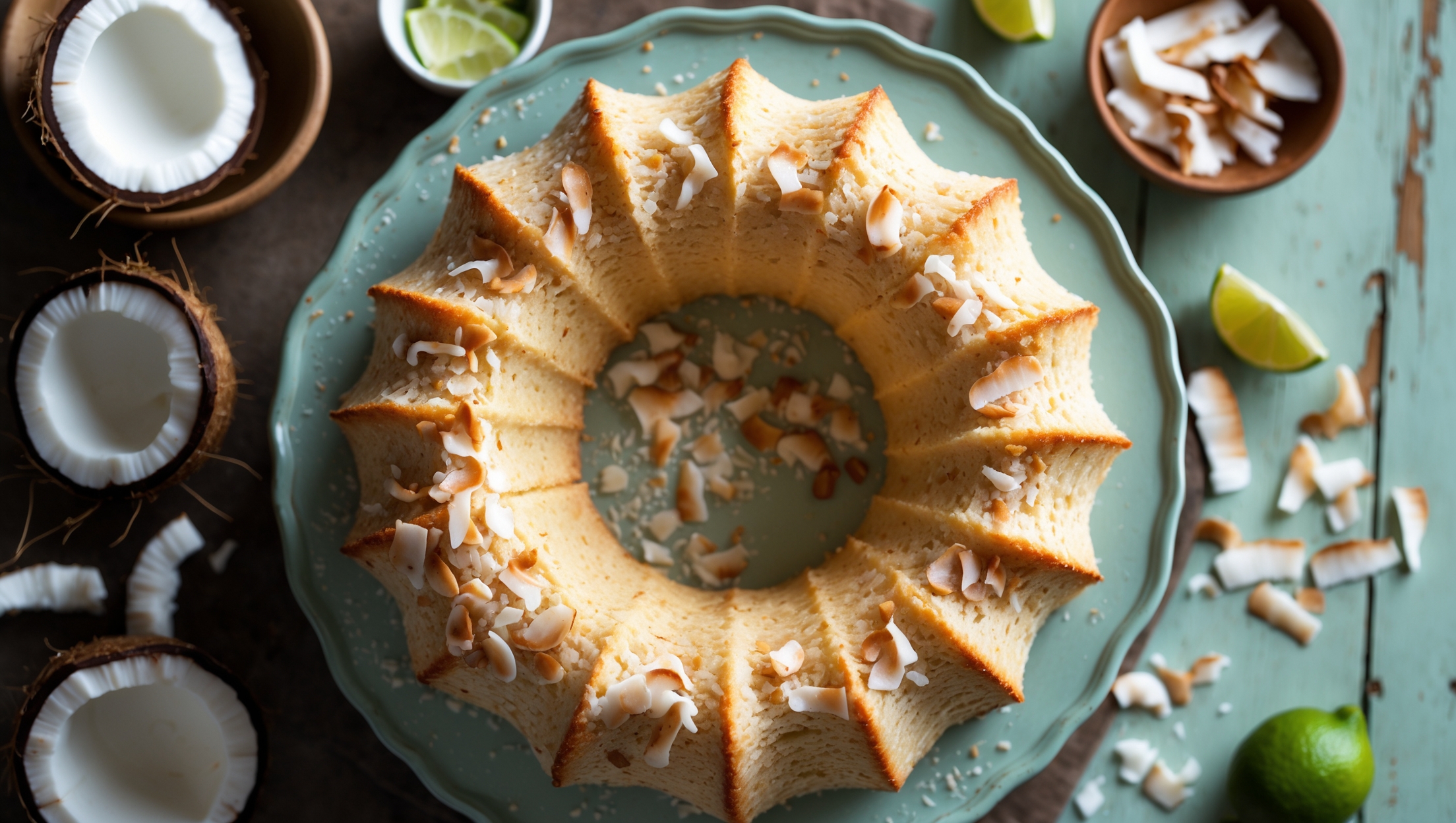 An overhead shot of a beautifully ridged coconut bundt cake on a vintage mint-colored cake stand, with soft natural light highlighting its golden-brown exterior. The cross-section reveals a perfect, tender crumb with visible coconut flecks throughout. A translucent coconut glaze cascades down the cake's curves, pooling slightly at the base, while toasted coconut flakes are scattered artfully across the top for textural contrast. Small bowls of fresh coconut pieces and lime wedges sit alongside, suggesting flavor pairings, with the entire arrangement placed on a distressed wooden table that enhances the cake's tropical appeal.