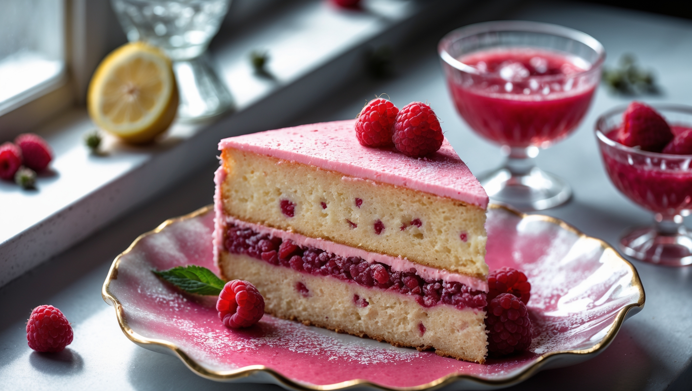 An elegant slice of pink-tinted cake captured from a 45-degree angle, showing its delicate crumb structure and raspberry-gin infused layers. Natural window light creates a soft glow on the moist sponge, highlighting specks of lemon zest throughout. The serving sits on a vintage coupe glass-shaped plate, garnished with fresh raspberries and a subtle dusting of powdered sugar. A crystal decanter of gin and scattered juniper berries create depth in the background, while a cut lemon and raspberry puree in small glass bowls complete the scene, emphasizing the cake's cocktail inspiration.