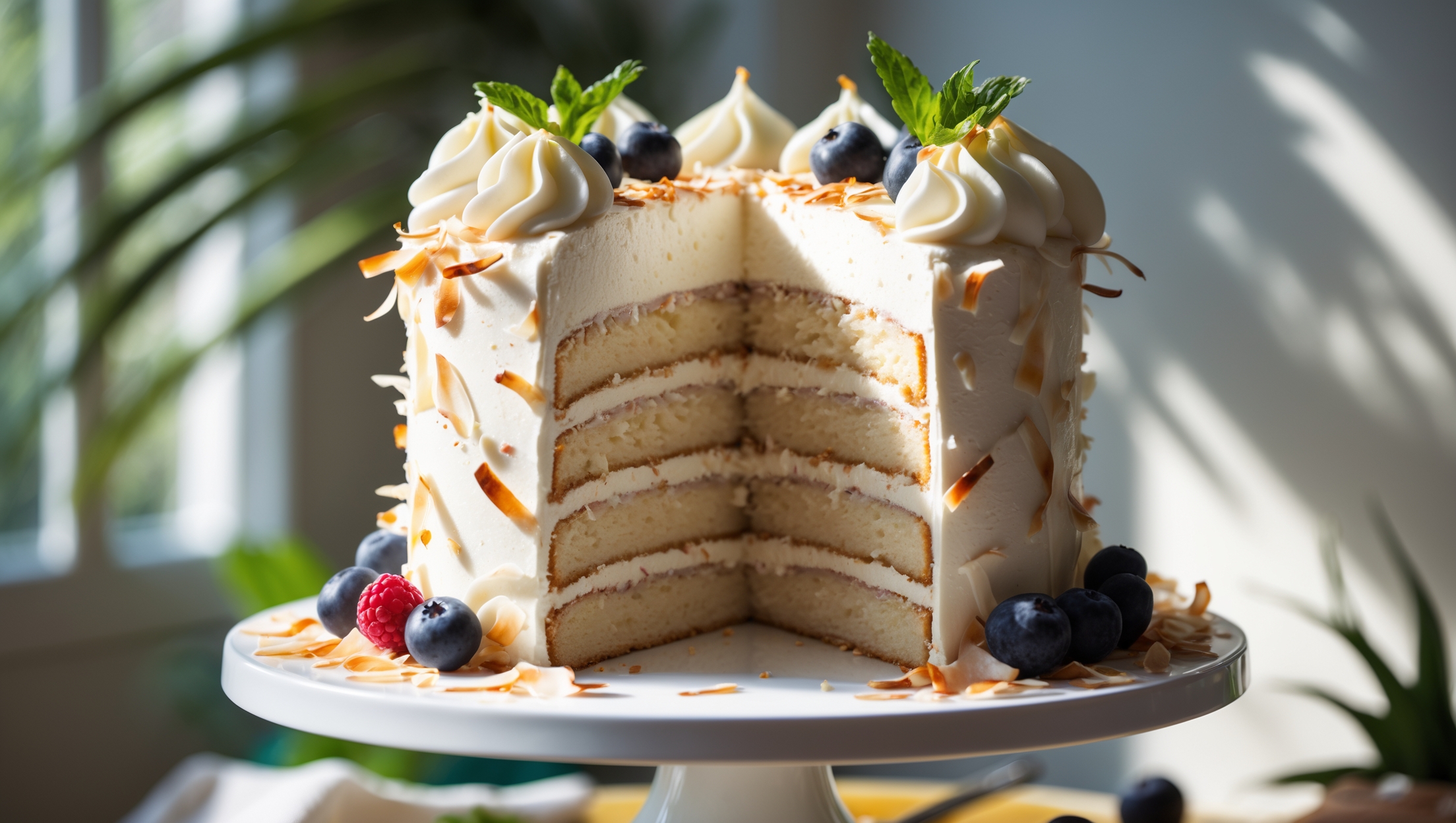 An elegant three-layer coconut cake stands tall on a white pedestal cake stand, captured in soft natural light streaming through a window. The cross-section view reveals moist, tender vanilla-flecked cake layers separated by creamy coconut filling. The entire cake is frosted with fluffy white coconut cream frosting that's been applied with artistic swoops and swirls. Toasted coconut flakes adorn the sides and top, creating a beautiful textural contrast against the smooth frosting. A few fresh berries and mint leaves garnish the plate, adding pops of color against the pristine white cake. The background suggests a sunlit kitchen with subtle tropical elements like a potted palm frond slightly out of focus.
