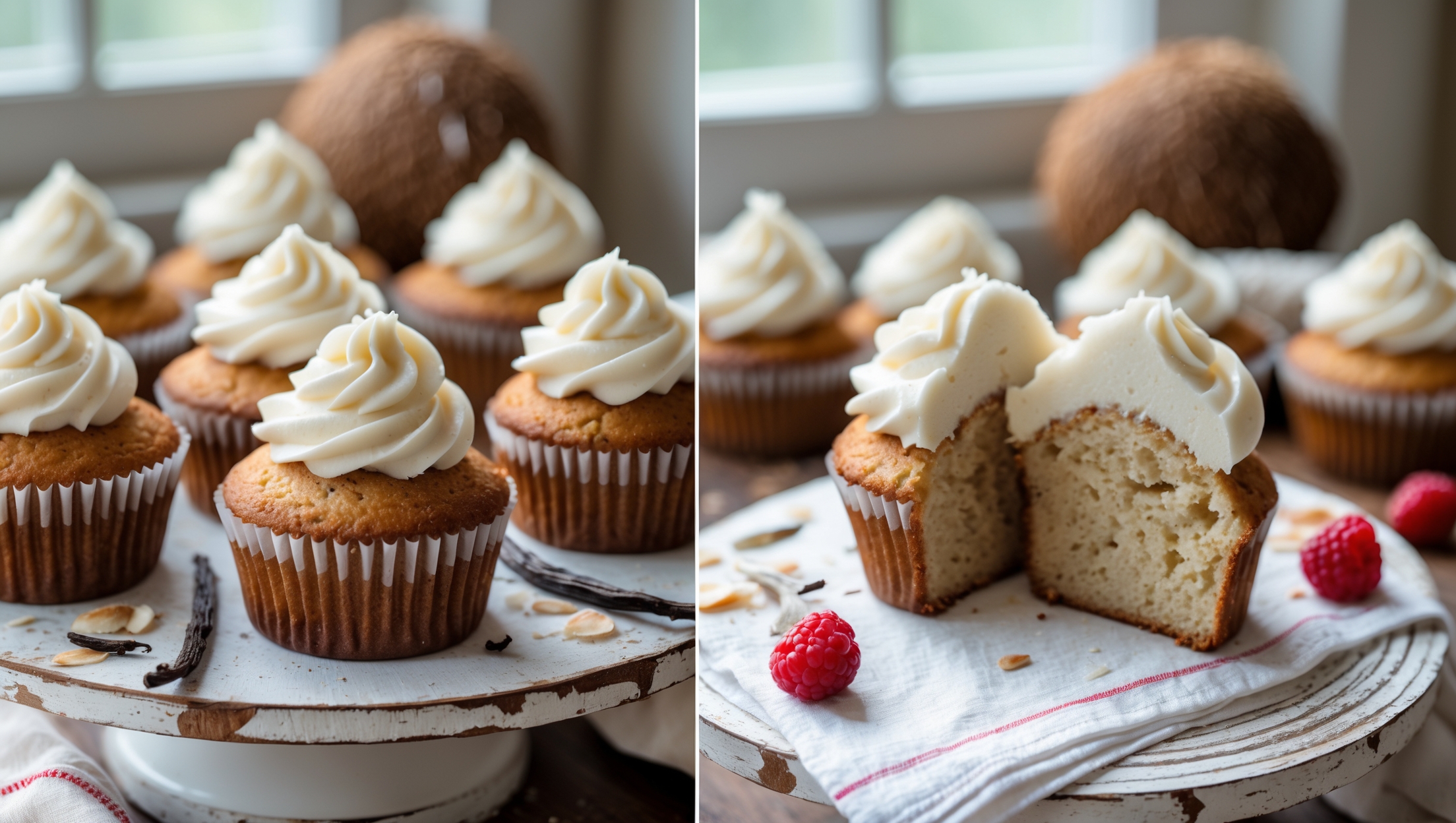 A close-up shot of golden-brown coconut flour cupcakes with a perfect dome top, captured in soft natural light streaming through a kitchen window. The cupcakes are arranged on a distressed white wooden cake stand, some topped with swirls of fluffy coconut cream frosting and others left plain to showcase their moist, speckled crumb. A cross-section shot reveals the delicate, slightly dense texture characteristic of coconut flour baking, with tiny flecks of vanilla bean visible throughout. Scattered coconut flakes and a few fresh berries add vibrant color contrast against the warm tones of the cupcakes, while a vintage tea towel and coconut shell prop in the background hint at the star ingredient.