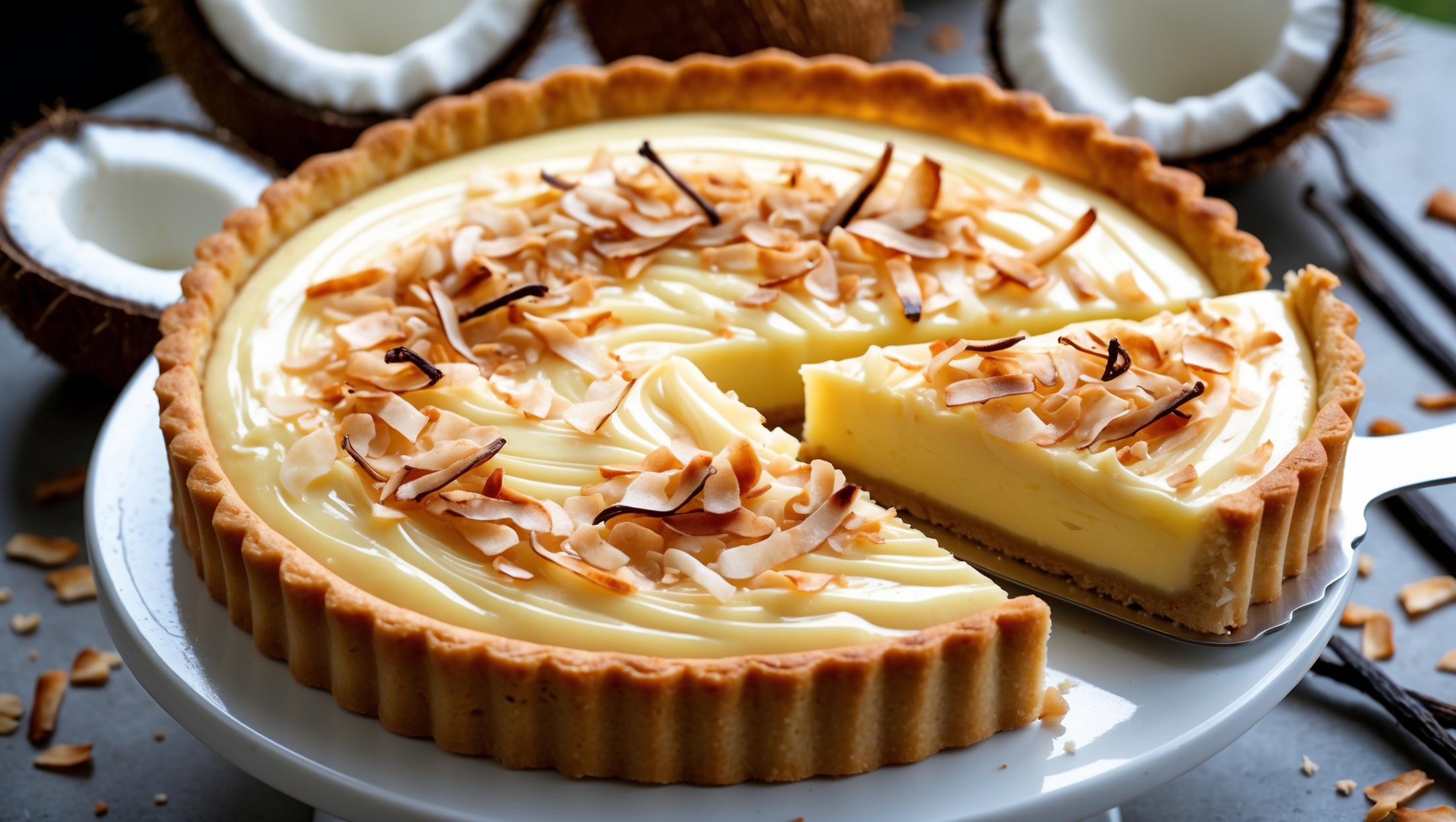An overhead shot of a golden-brown coconut custard tart with a perfectly crimped edge resting on a white ceramic cake stand. Natural window light highlights the silky, pale yellow custard surface swirled with ribbons of toasted coconut. A cross-section reveals the distinct layers of crisp pastry and velvety coconut-flecked filling. The tart is garnished with a sprinkle of extra toasted coconut flakes that catch the light beautifully. In the background, coconut halves and fresh vanilla pods are artfully scattered, while a slice being lifted shows the perfect clean cut and the custard's luscious texture.