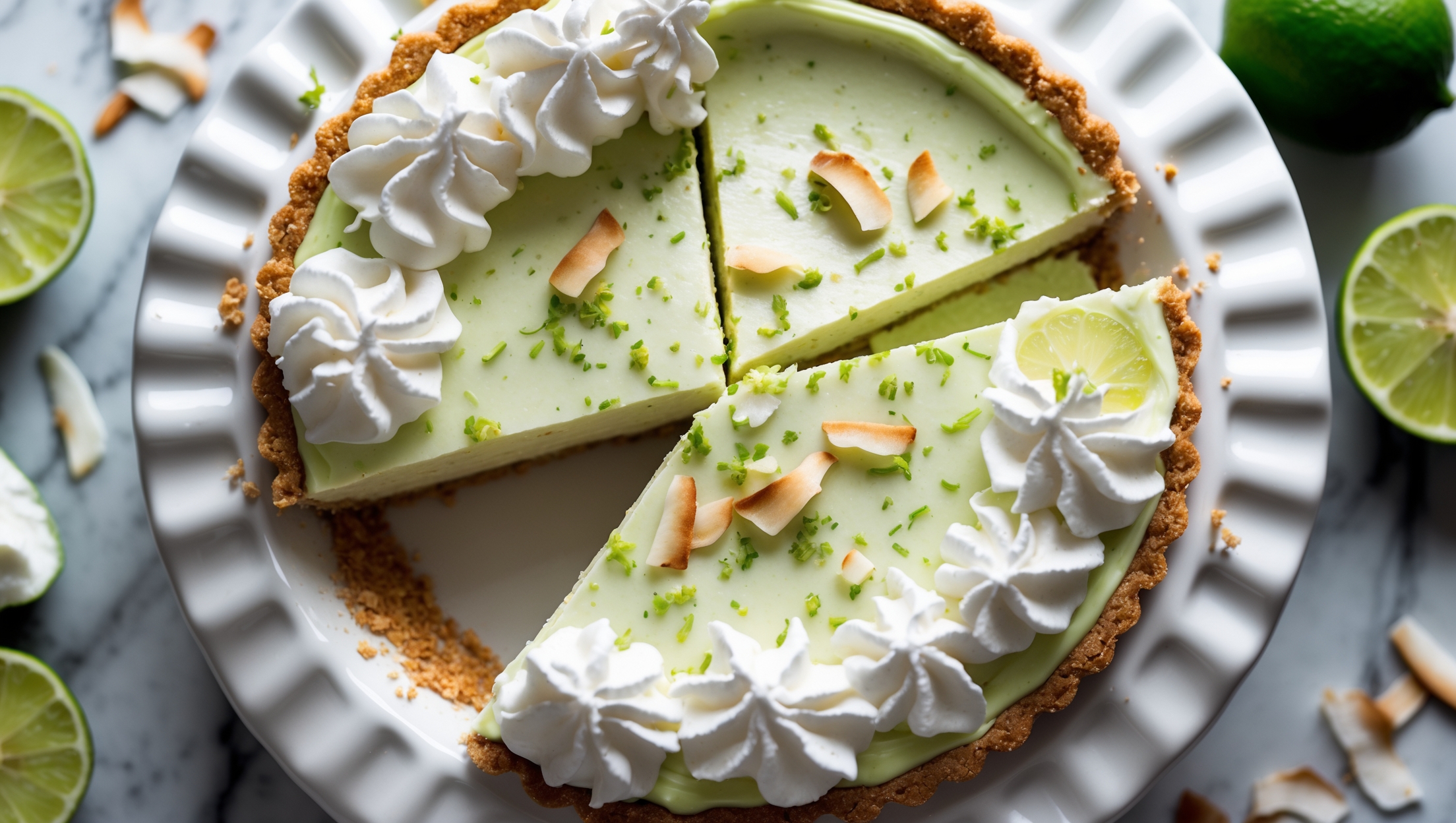 An overhead shot of a perfectly sliced coconut lime cream pie on a white ceramic cake stand, with soft natural light highlighting the distinct layers - the golden graham cracker crust, pale yellow-green coconut lime filling, and the billowy white whipped cream topping. A close-up reveals the silky smooth texture of the filling studded with coconut flakes, while lime zest and toasted coconut are scattered artfully across the top, creating visual contrast. The surrounding setting includes fresh limes cut in half and whole, alongside scattered coconut flakes on a marble countertop, emphasizing the pie's tropical flavor profile.