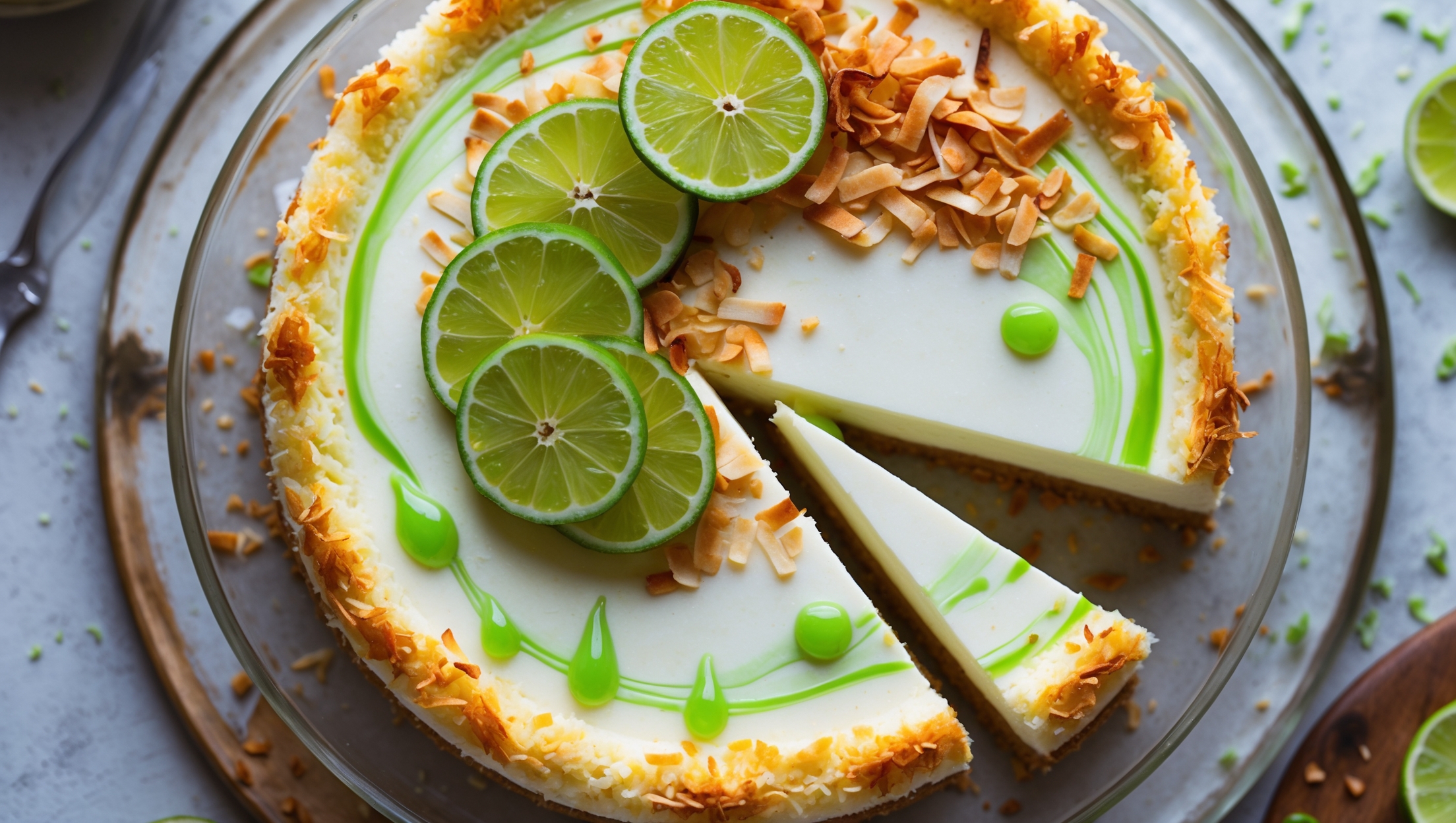 An overhead shot of a perfectly set coconut lime cheesecake featuring a golden coconut biscuit base, visible through a glass cake stand. The creamy white filling is marbled with subtle lime green swirls, topped with toasted coconut flakes and thin lime slices arranged in a decorative spiral. A cross-section slice reveals the distinct layers and smooth texture, while droplets of lime-infused glaze cascade down the sides. Soft natural light highlights the contrast between the creamy filling and the caramelized coconut crust, with scattered lime zest and coconut shavings on the rustic wooden serving board adding visual texture.
