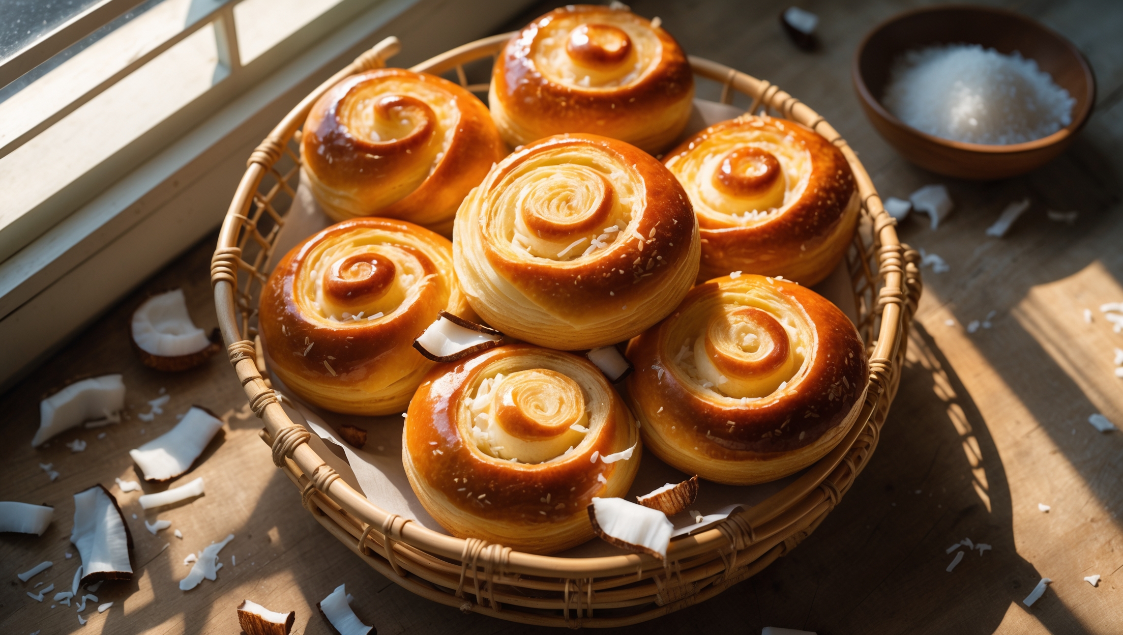 An overhead shot captures a basket of golden-brown Coconut Danishes arranged on a natural rattan tray, highlighting their glossy egg-washed surface and visible layers of laminated dough. A cross-section view reveals the creamy coconut filling nestled within the flaky pastry spirals, with toasted coconut flakes adding texture and visual interest. Shot in soft morning light streaming through a kitchen window, the pastries cast gentle shadows on the rustic wooden table, while scattered coconut shavings and a small bowl of pearl sugar create an inviting composition that emphasizes the Danish's tropical inspiration and artisanal quality.