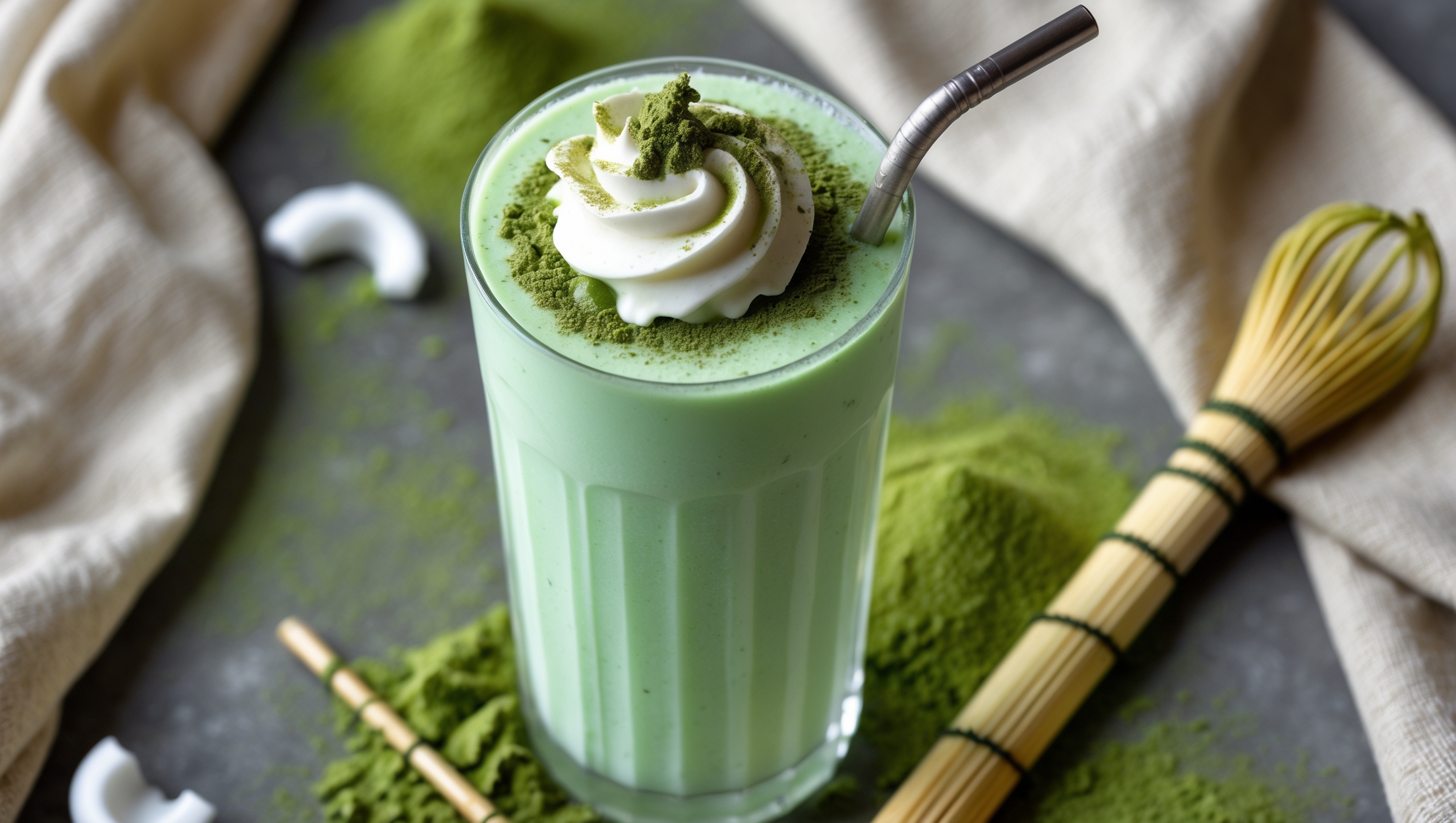 An overhead shot of a tall, frosted glass filled with a vibrant mint-green Coconut Matcha Shake, topped with a swirl of coconut whipped cream and a light dusting of matcha powder. The drink's velvety texture is visible through the glass, showing small flecks of vanilla bean. Surrounding the glass are scattered matcha powder, fresh coconut shavings, and a bamboo matcha whisk. A metal straw with a gentle curve stands in the glass, against a background of natural linen fabric. Soft morning light streams in, highlighting the contrast between the pale green shake and the rich, darker green matcha garnish.
