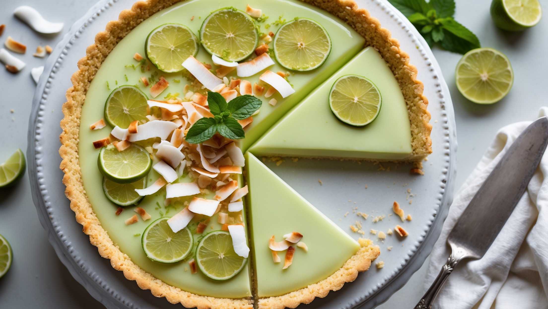 A top-down view of the perfectly baked Coconut Lime Tart shows its pale golden coconut crust cradling a vibrant lime-green filling with a silky, glossy surface. A cross-section reveals the distinct layers: the crumbly coconut shortbread base and the smooth, creamy lime custard. The tart is photographed in soft natural light on a white ceramic cake stand, garnished with fresh lime zest, toasted coconut flakes, and thinly sliced lime wheels arranged in a decorative pattern. A vintage silver serving knife rests alongside, ready to cut into the dessert. In the background, scattered lime halves and coconut pieces hint at the key ingredients, while a sprig of mint adds a pop of deep green contrast.