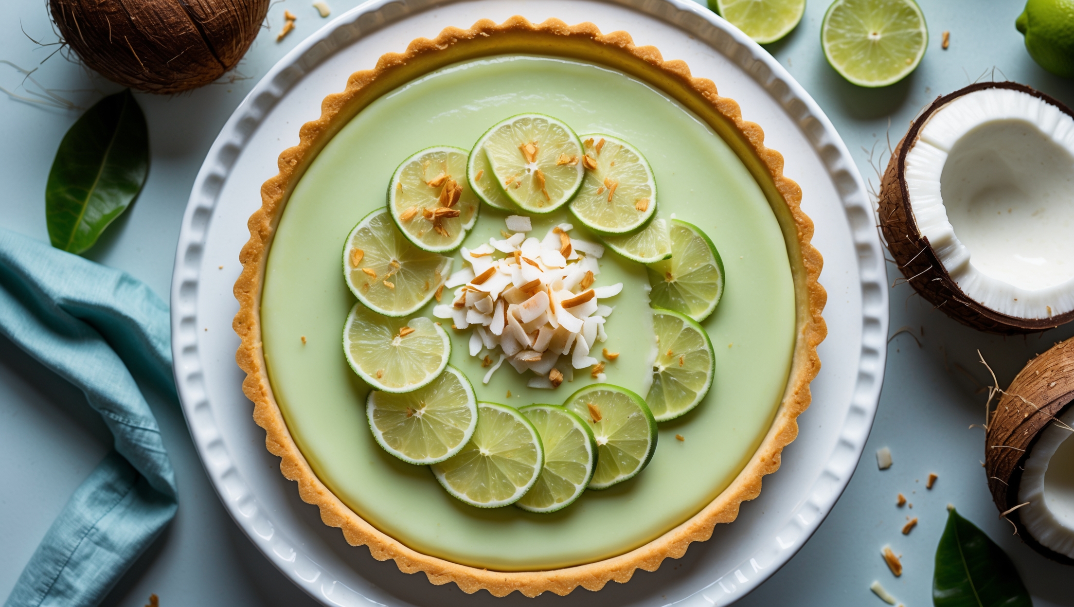 An overhead shot of a pristine coconut lime custard tart with a perfectly golden shortcrust edge and a smooth, pale yellow-green custard surface. A cross-section view reveals the distinct layers of crisp pastry and silky custard. Styled on a white ceramic cake stand against a light blue linen, the tart is garnished with fine lime zest, toasted coconut flakes, and thinly sliced lime wheels arranged in a spiral pattern. Natural window light highlights the glossy surface of the custard, while condensation on fresh lime wedges suggests refreshing tanginess. Scattered lime leaves and coconut shells in the background reinforce the tropical theme.