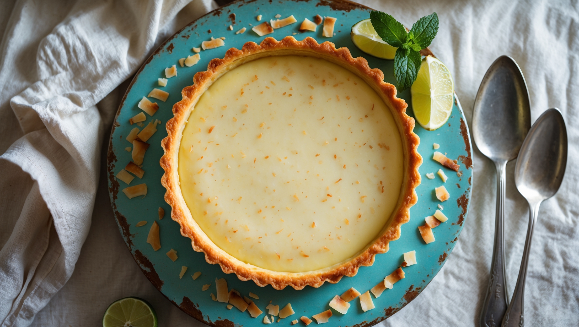 An overhead shot of a perfectly golden Coconut Rum Custard Tart on a distressed turquoise ceramic cake stand, natural window light highlighting the smooth, glossy surface of the custard with delicate caramelization spots. The cross-section reveals a crisp, butter-rich shortcrust pastry case filled with creamy pale yellow coconut custard speckled with vanilla bean. Toasted coconut flakes are scattered artfully around the rim, while a single lime wedge and fresh mint sprig rest alongside. The tart is photographed against a light linen cloth with vintage silverware beside it, creating a casual tropical elegance that captures the rum's amber glints in the custard.
