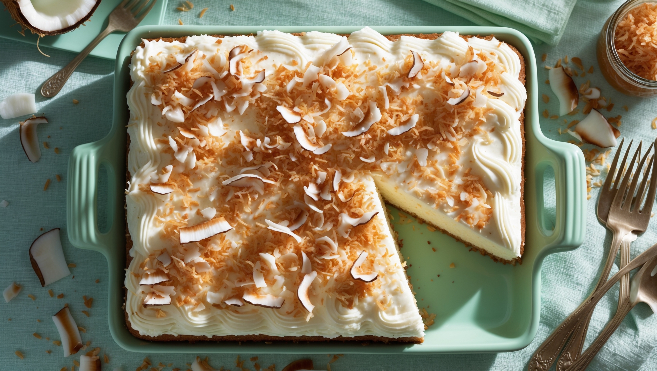 An overhead shot of a perfectly rectangular coconut sheet cake on a mint-green ceramic serving platter, with one slice cut and slightly pulled away to reveal the cake's moist, tender crumb. The cake is generously frosted with swirled cream cheese frosting that appears cloud-like and pillowy, topped with a liberal sprinkling of golden-brown toasted coconut flakes creating beautiful textural contrast. Natural afternoon light streams across the scene, highlighting the delicate coconut shreds and creating subtle shadows. Surrounding the platter are scattered fresh coconut pieces, a small jar of coconut extract, and vintage dessert forks resting on pale blue linen napkins, enhancing the tropical yet homey feel of this beloved classic dessert.
