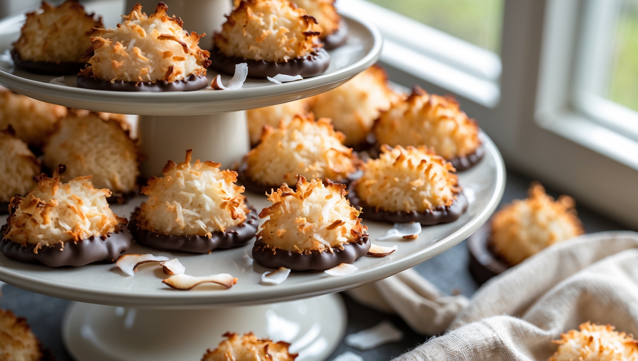 A tiered serving platter showcases golden-brown coconut macaroons in soft natural light streaming through a kitchen window. The close-up reveals their perfectly toasted exterior and moist, tender interior with visible coconut strands. Some macaroons feature chocolate-dipped bottoms that glisten against the white porcelain plate, while others remain au naturel, highlighting their rustic, mounded shape. Scattered coconut flakes and a few whole macaroons halved to expose their chewy centers complete the scene, with fine details of the caramelized edges catching the light against a simple linen napkin.
