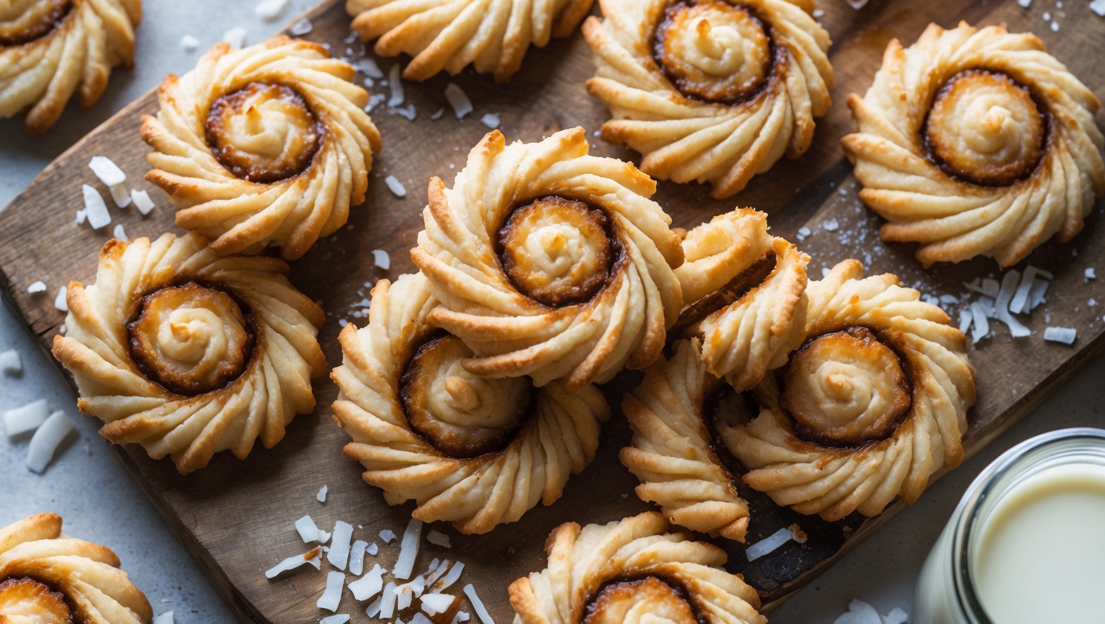 An overhead shot of perfectly spiraled coconut pinwheels arranged in a cascade on a rustic wooden serving board, with several cookies positioned to highlight their distinctive hypnotic swirl pattern. Shot in bright, diffused natural light that accentuates the contrast between the golden-brown caramelized edges and the creamy white coconut filling. A light dusting of coconut flakes surrounds the cookies, while a small jar of coconut milk sits nearby. The cookies' texture is captured in detail - showing their slightly crisp exterior and soft, chewy centers where the coconut filling has caramelized during baking. A bite taken from one cookie reveals the perfect layers of buttery dough and sweet coconut filling.