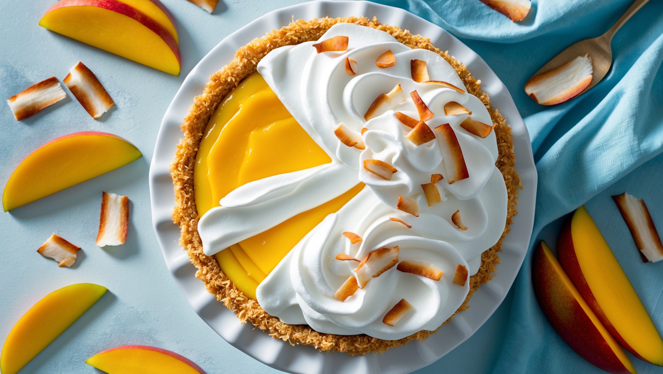 An overhead shot captures this vibrant tropical pie on a white ceramic pedestal, its golden-yellow mango filling contrasting beautifully with the snowy coconut whipped cream topping. Natural sidelight highlights the textural contrast between the crunchy toasted coconut crust and the smooth, glossy mango layer. Thinly sliced fresh mango fans delicately across one side, while toasted coconut flakes are scattered artistically on top, creating visual interest. The cross-section reveals distinct layers - the crumbly coconut base, vibrant mango custard center, and airy whipped topping - all photographed against a light blue linen that evokes tropical waters.