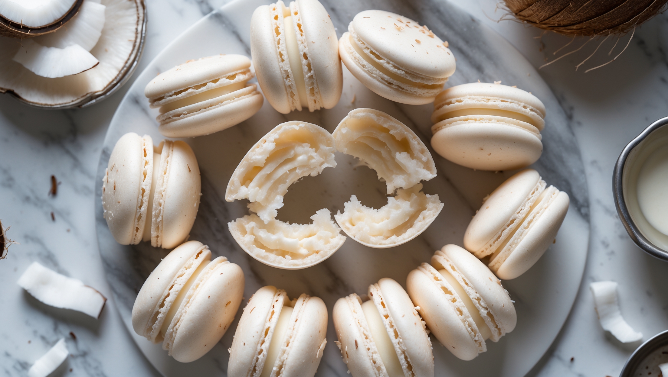 An overhead shot of perfectly formed coconut macarons arranged in a spiral pattern on a white marble surface, showcasing their smooth domed tops with subtle feet around the base. Soft natural light highlights their creamy white shells speckled with tiny flecks of real coconut. A cross-section view reveals the airy interior and luscious coconut cream filling that bonds the two halves. In the background, a few scattered coconut flakes and a small glass of coconut milk create context, while a vintage silver cake server rests alongside the macarons. The styling emphasizes the delicate texture and tropical essence of these sophisticated treats.