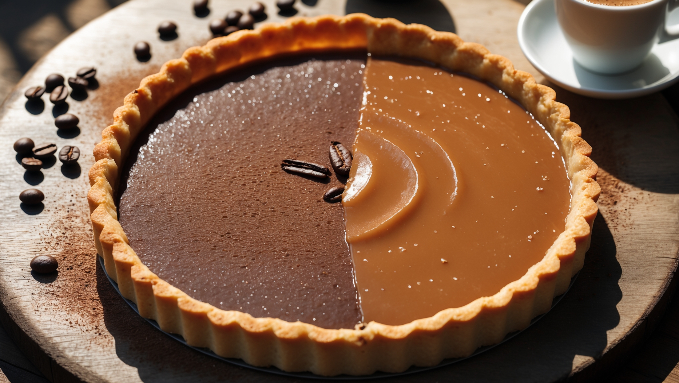 An overhead shot of a perfectly baked coffee custard tart with a golden-brown shortcrust edge against a deep amber custard surface. A cross-section reveals the silky, just-set coffee custard layer with tiny specks of vanilla bean. The tart rests on a weathered wooden serving board, photographed in soft natural daylight that highlights the contrast between the crisp pastry and smooth filling. A light dusting of cocoa powder creates artistic shadows across the surface, while a small espresso cup and scattered coffee beans artfully arranged nearby hint at the intense flavor within. The custard's glossy finish captures reflections that emphasize its perfectly smooth texture.