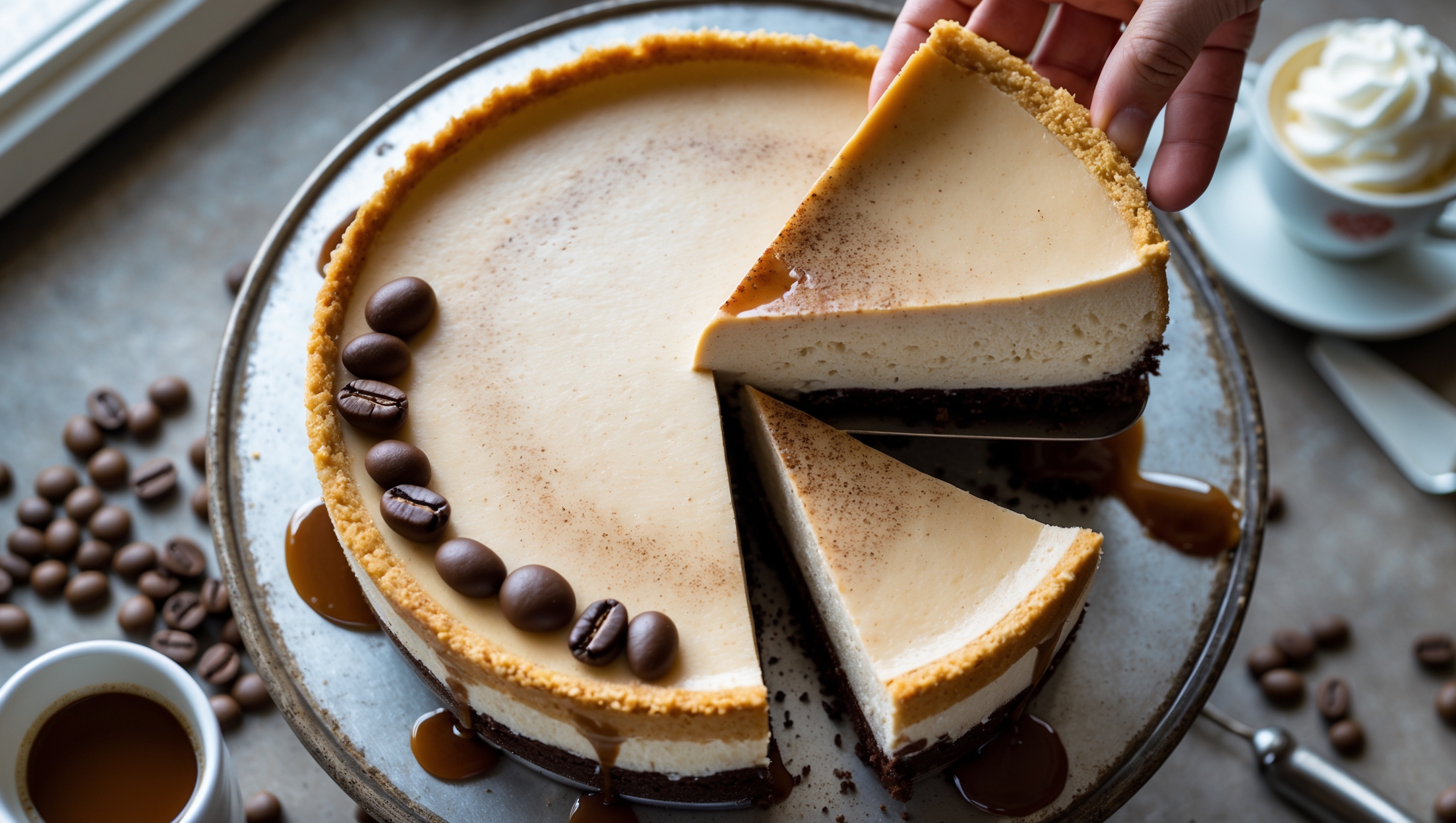 Overhead shot of a perfectly set coffee cheesecake with a golden-brown biscuit crust, captured in soft natural light streaming through a kitchen window. The slice being removed reveals the smooth, creamy coffee-infused filling with subtle marbling and tiny dark coffee speckles. A drizzle of caramel sauce cascades down the sides, pooling on a vintage cake stand. Surrounding the cheesecake are scattered coffee beans, a small espresso cup, and fresh whipped cream dollops. The surface shows a slight coffee-dusted pattern with decorative chocolate-covered espresso beans arranged artfully on top, highlighting the contrast between the deep brown accents and the creamy beige filling.