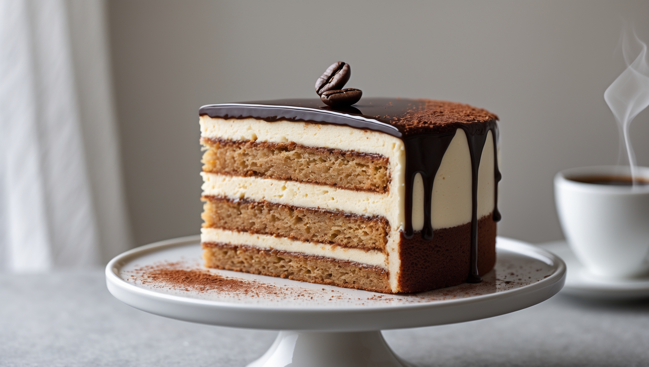 An elegant cross-section of a three-layered coffee cake displayed on a white ceramic cake stand against a neutral backdrop. Soft natural light highlights the distinct layers of moist coffee-infused sponge separated by smooth coffee buttercream. The top features a glossy espresso glaze that drips artfully down the sides, with a light dusting of cocoa powder creating subtle contrast. A single coffee bean sits atop the slice on the serving plate, while a steaming cup of coffee blurs in the background, suggesting the perfect pairing. The texture of the crumb appears light yet moist, with the buttercream maintaining clean, defined layers.