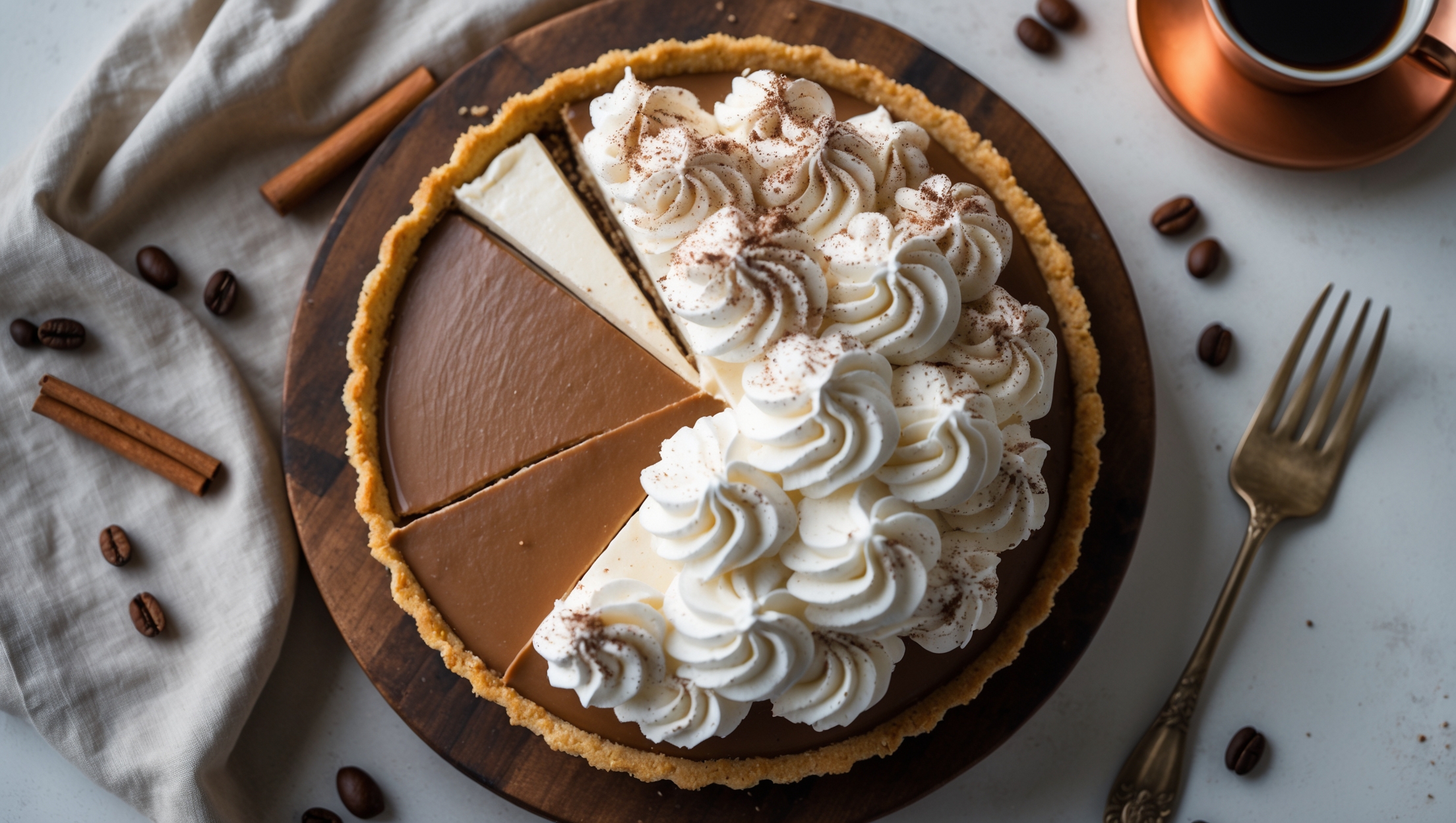 An overhead shot of a perfectly sliced Coffee Cream Pie reveals its three distinct layers - a golden graham cracker crust, a smooth coffee-infused custard, and a cloud of whipped cream dusted with cocoa powder and espresso grounds. The pie sits on a rustic wooden cake stand against a neutral linen backdrop, with a few scattered coffee beans and cinnamon sticks adding context. Soft natural light highlights the velvety sheen of the coffee layer and the peaks of the whipped cream, while a copper espresso cup and vintage dessert fork rest nearby, suggesting an intimate coffee break setting. The cross-section view showcases the clean, precise layers and the perfect consistency of the filling that holds its shape when sliced.