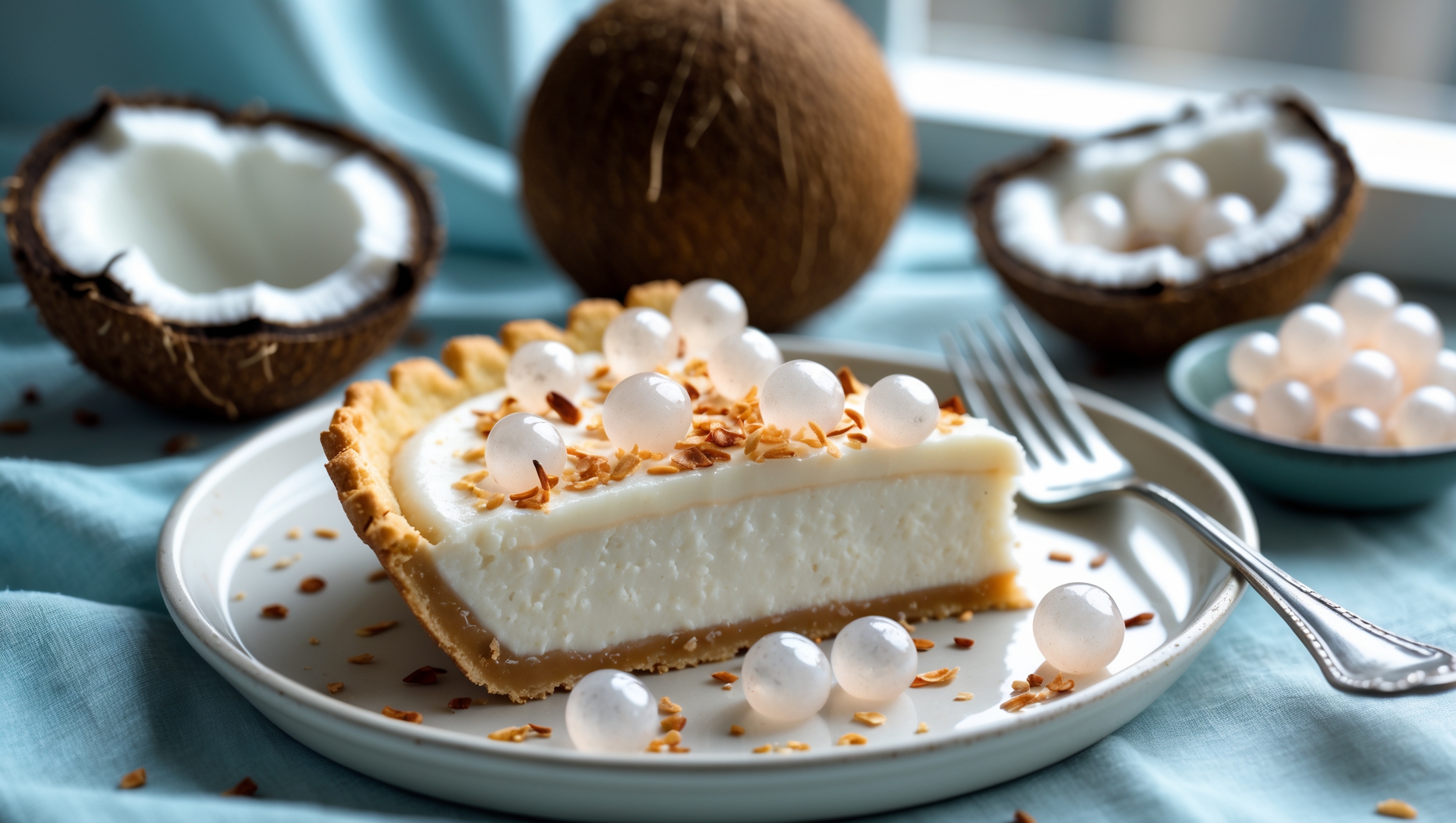 Overhead shot of a pristine slice of pie revealing three distinct coconut layers, set on a white ceramic plate against a light blue linen. Natural window light highlights the contrast between the golden-brown shortbread crust, creamy ivory filling, and toasted coconut flakes scattered across the top. Glistening spherified coconut water pearls are artfully arranged in a crescent pattern, their translucent orbs catching the light like dewdrops. A whole coconut cracked open and a small bowl of extra pearls sit blurred in the background, while a silver dessert fork rests beside the slice, ready for the first heavenly bite.