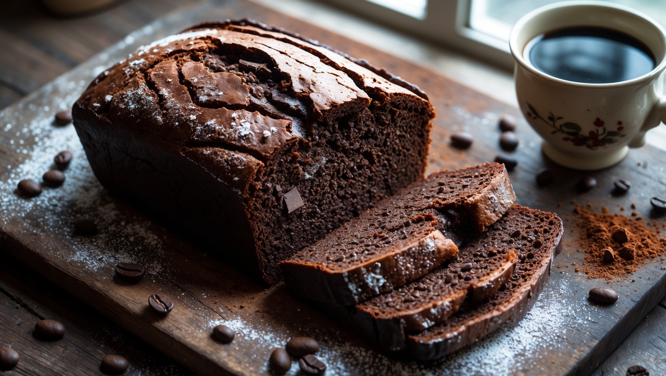 An overhead shot of a rustic loaf of Coffee Chocolate Bread with a deep brown crackly top, sliced to reveal a moist, dark chocolate crumb with visible pockets of melted chocolate chunks. A clean cross-section displays the bread's dense yet tender texture, with steam subtly rising from a freshly cut slice. Captured in soft natural light streaming through a kitchen window, the bread rests on a weathered wooden cutting board alongside scattered coffee beans, cocoa powder, and a vintage ceramic mug filled with black coffee. The contrast between the bread's rich interior and the golden-brown crust creates visual depth, while a light dusting of powdered sugar adds dimension.