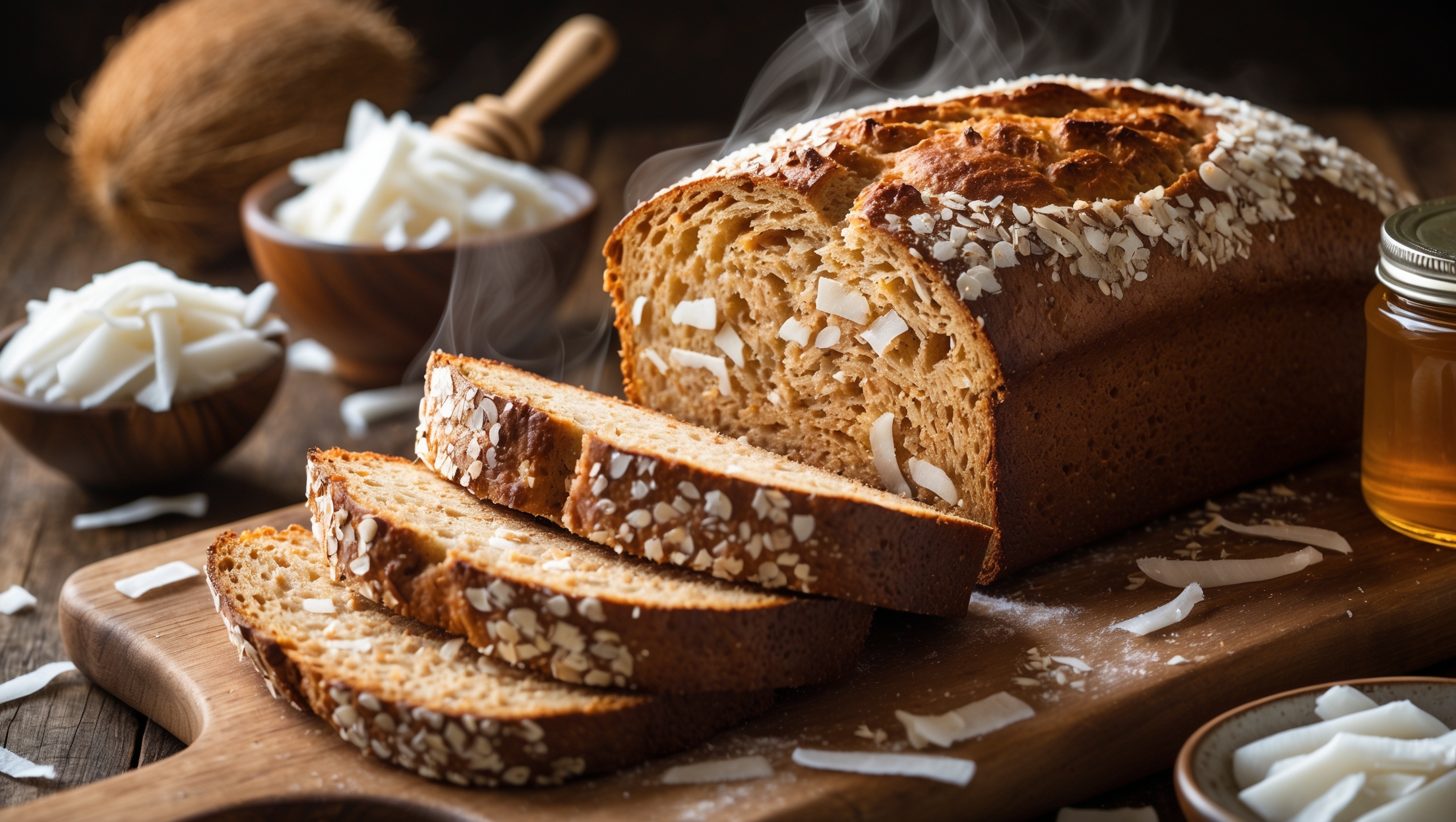 A rustic loaf of golden-brown Coconut Whole Wheat Bread photographed in warm natural light on a wooden cutting board, with one thick slice cut to reveal the moist, tender crumb studded with coconut flakes. A light dusting of whole wheat flour remains on the artisanal crust, while a small bowl of shredded coconut and a jar of honey sit alongside. Steam rises gently from the freshly cut slice, highlighting the bread's warmth and softness. The deep amber crust contrasts beautifully with the lighter interior, while scattered coconut flakes on the board hint at the tropical flavors within this wholesome loaf.
