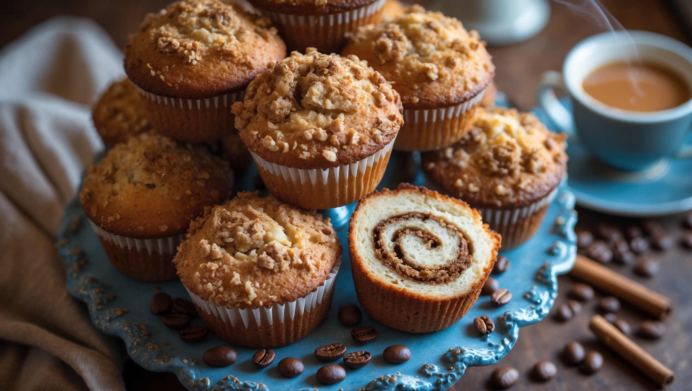An overhead shot of golden-brown Coffee Cake Muffins arranged on a vintage blue ceramic cake stand, with one muffin halved to reveal the delicate cinnamon swirl running through its moist interior. Soft natural morning light streams in from the side, highlighting the textural contrast between the craggy, buttery crumb topping and the tender muffin beneath. A scattering of whole coffee beans and cinnamon sticks surrounds the base of the display, while a steaming cup of coffee sits slightly blurred in the background. The warm amber tones of the baked goods contrast beautifully with the cool ceramic, creating a cozy, inviting breakfast scene that emphasizes both the coffee notes and the comforting streusel topping.