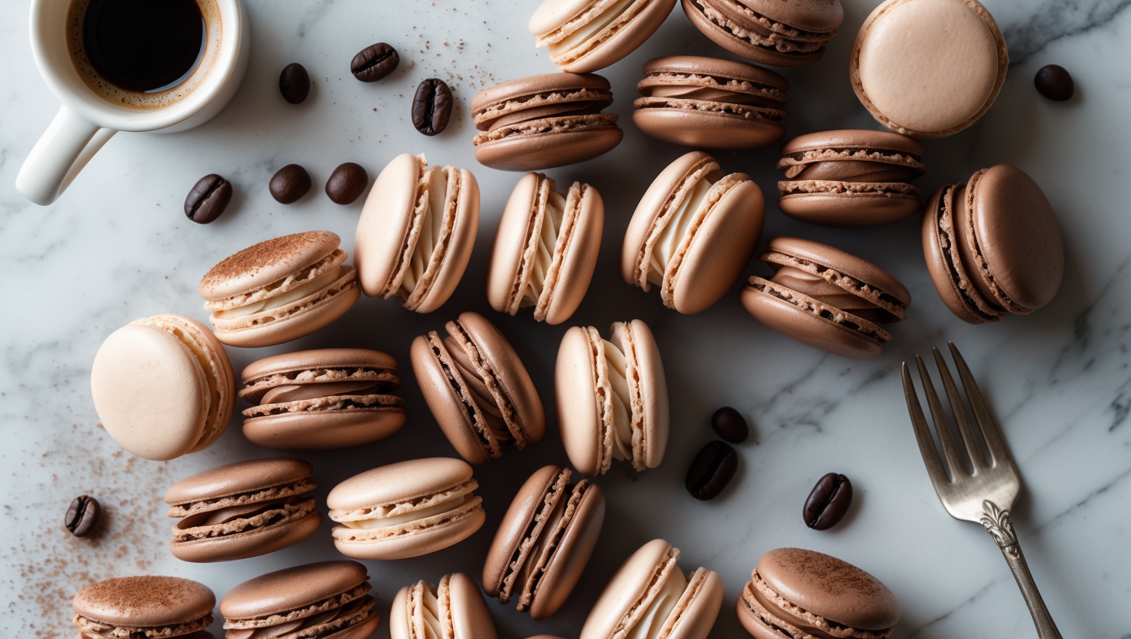 An overhead shot of perfectly formed coffee macarons arranged in a spiral pattern on a white marble surface, their smooth, domed tops glistening slightly in soft natural light. Several macarons are stacked to reveal their ruffled "feet" and the creamy coffee buttercream filling peeking between shells. A small espresso cup sits nearby with a few coffee beans scattered artfully around the composition. The macarons showcase a beautiful gradient of coffee browns, from light caramel to deep mocha, with some dusted lightly with cocoa powder for contrast. A vintage silver cake fork rests beside the arrangement, adding an elegant touch to this sophisticated patisserie display.