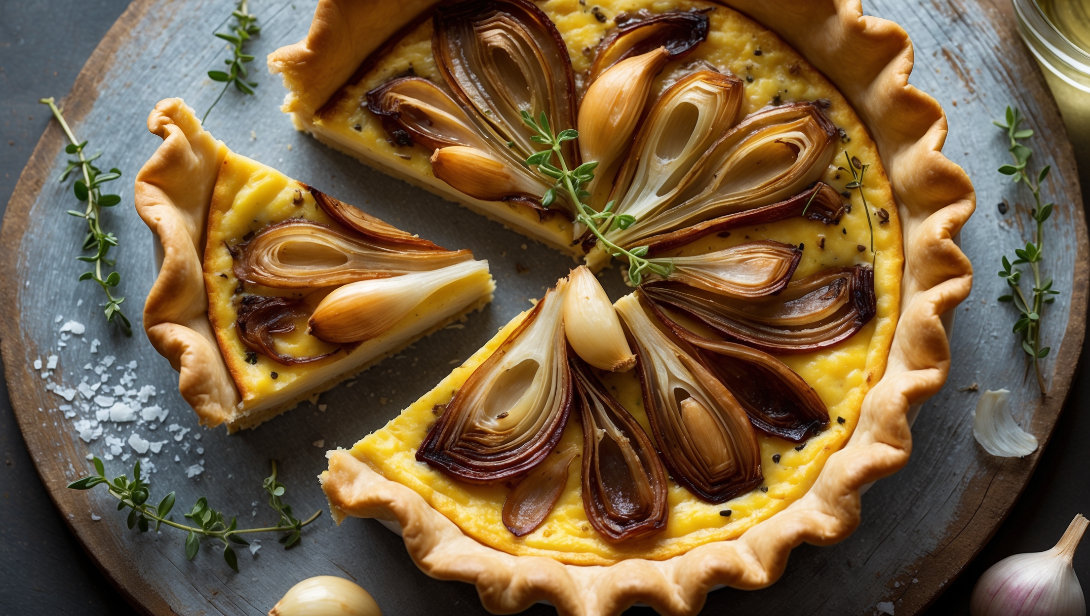 An overhead shot captures the golden-brown quiche with a perfectly flaky crust, its edges artfully crimped and baked to a deep amber color. A slice has been removed, revealing the silky custard interior studded with translucent caramelized onions, leeks, and shallots in varying shades of caramel to mahogany, alongside whole cloves of confit garlic that glisten in the soft natural light. The cross-section displays the distinct layers of the rich filling against the textured brown butter crust. Scattered fresh thyme sprigs and a few roasted garlic cloves surround the quiche, which rests on a weathered wooden board. A light dusting of black pepper and flaky sea salt adds dimension, while a glass of white wine slightly out of focus adds context to this sophisticated savory bake.