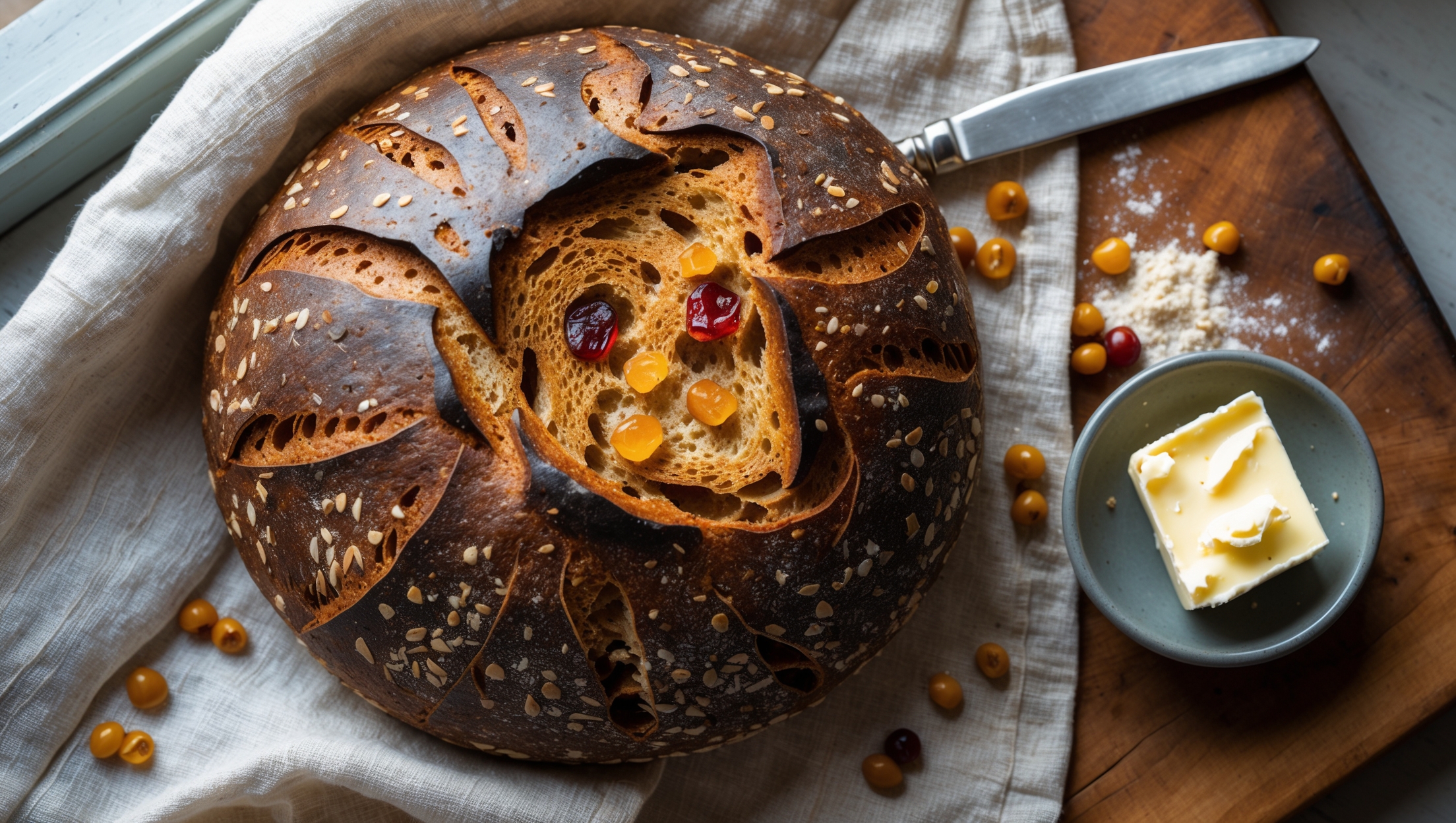 An overhead shot of a dark amber loaf with a crackling crust, scored with a distinctive pattern that has opened beautifully during baking. A cross-section reveals a moderately open crumb structure with golden roasted einkorn berries scattered throughout like gemstones in the wheaty matrix. The bread sits on a natural linen cloth atop a rustic wooden board, with scattered whole einkorn berries and spelt flour dusting the surface. Soft window light catches the textural details of the crust, highlighting its rustic, artisanal quality. A butter knife and small dish of cultured butter sit alongside, suggesting the bread's perfect pairing.