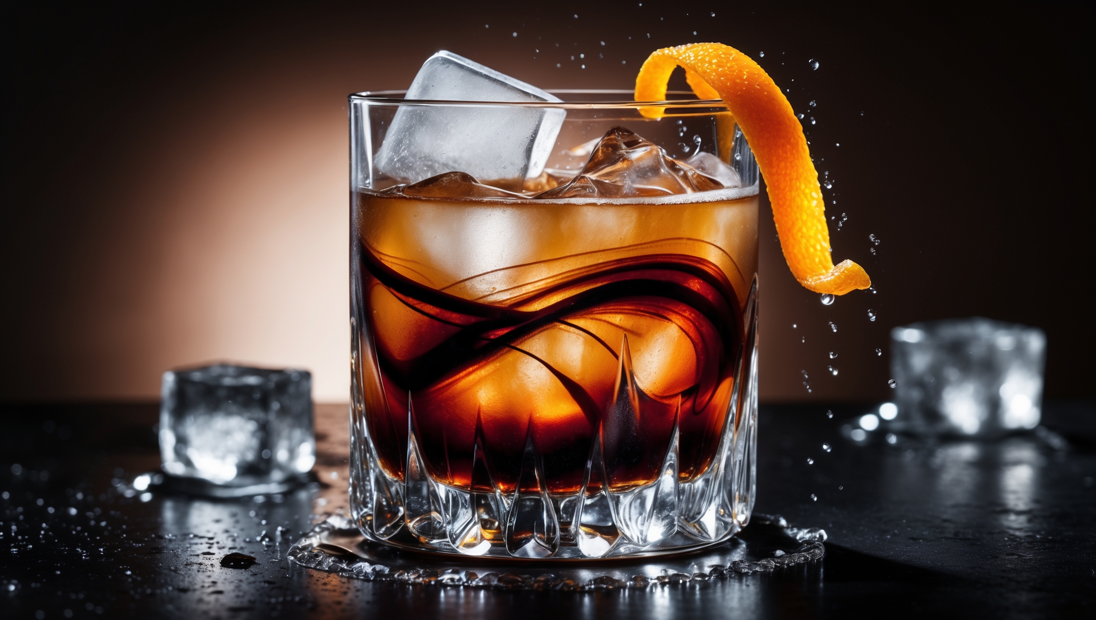 A Coffee Negroni captured in dramatic low-key lighting with sharp highlights accentuating the drink's deep amber-ruby color transitioning to dark coffee tones. The cocktail rests in a crystal rocks glass with a large crystal-clear ice cube, where thin swirls of coffee create mesmerizing patterns within the drink. A perfectly twisted orange peel garnish rests on the rim, with essential oils glistening on the surface. Soft backlighting illuminates the translucent edges of the drink, showcasing its silky texture and complex layering of Campari, gin, vermouth, and cold brew. Condensation beads on the outside of the glass catch ambient light, suggesting the perfect serving temperature.