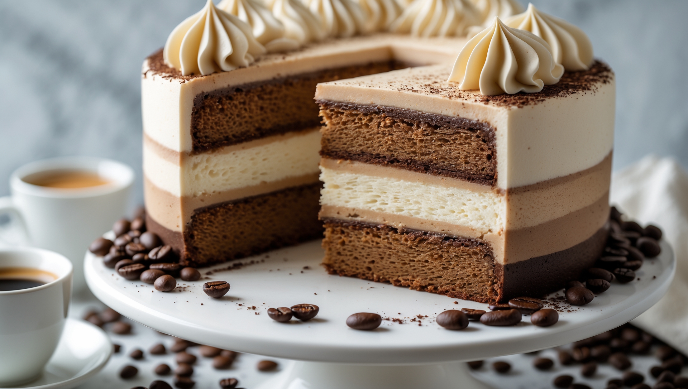 A close-up shot capturing the luxurious layers of this coffee smoothie-inspired cake, showing its moist, coffee-infused crumb topped with a silky coffee cream swirl. The cross-section reveals coffee-soaked sponge layers with subtle color gradients from light to dark roast. Photographed in gentle morning light on a white ceramic cake stand, with scattered coffee beans adding rustic contrast around the base. A perfect slice lifted from the whole reveals the airy yet dense texture, with a small cup of espresso positioned alongside to emphasize the authentic coffee experience.