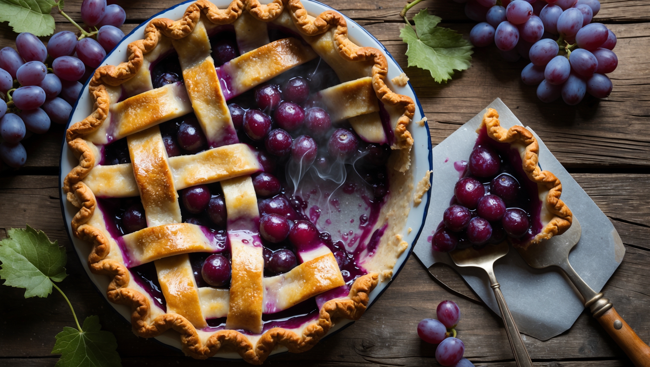 An overhead shot of a rustic Concord grape pie with a golden lattice top, revealing glimpses of the deep purple filling bubbling through the gaps. The crust shows a perfectly achieved amber color with a sprinkle of sparkling sugar catching the soft afternoon light. Placed on a weathered wooden table with scattered fresh Concord grapes and vine leaves nearby, the composition is completed with a vintage pie server resting alongside a slice being lifted to reveal the jammy, seed-free interior. Steam rises gently from the fresh-cut section, highlighting the contrast between the flaky crust and the glossy, intensely colored grape filling.