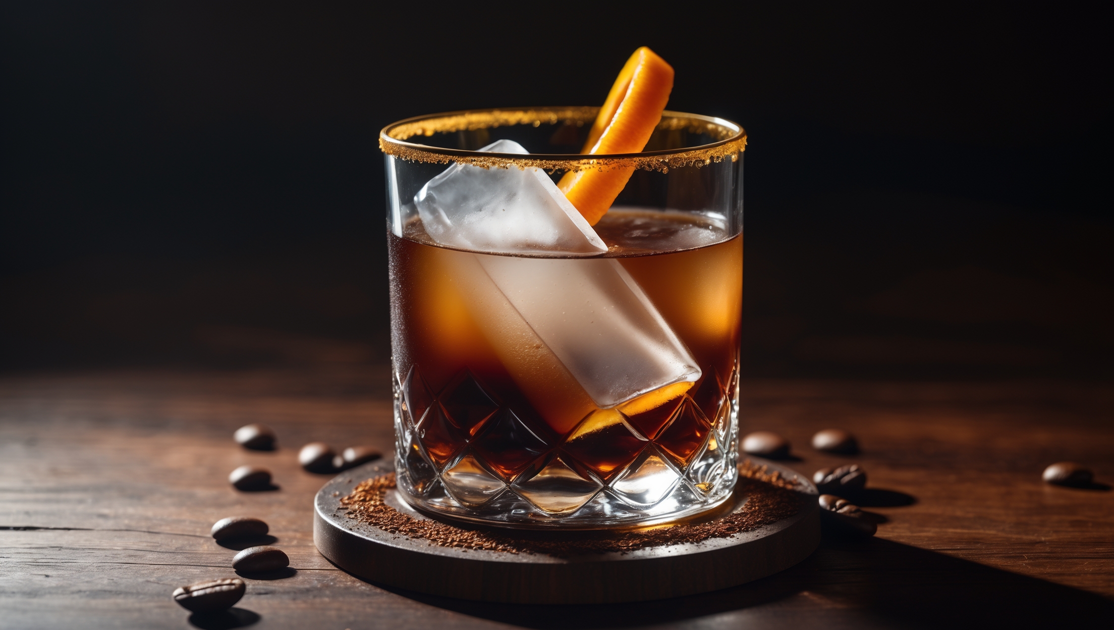 A crystal rocks glass showcases a dark amber cocktail with a large clear ice cube, captured in moody low-key lighting that highlights the liquid's rich mahogany tones. Golden rim highlights trace the glass's edge as warm bar lighting catches the expressed oils from the orange twist garnish floating atop the drink. A close-up reveals delicate coffee grounds sprinkled on the surface and the textural contrast between the glossy cocktail and the rustic wooden coaster beneath. The composition features subtle coffee beans scattered artfully around the base, with dramatic shadows creating depth against a dark walnut bar top.