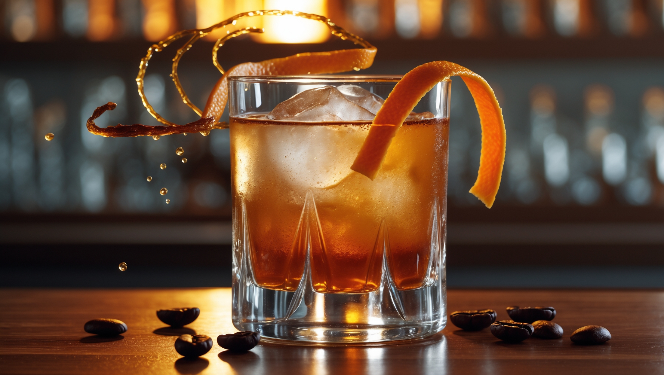 A crystal-clear rocks glass with a single large ice cube capturing light reflections, filled with an amber-bronze cocktail that hints at both coffee richness and botanical complexity. Golden hour lighting accentuates the warm tones against a dark walnut bar top, while wisps of expressed orange oils hover above the surface. A twisted orange peel garnish rests elegantly on the rim, with coffee beans scattered artfully nearby to hint at the flavor profile. The drink's silky texture is evident in the way it clings slightly to the glass, suggesting both spirit strength and coffee integration.