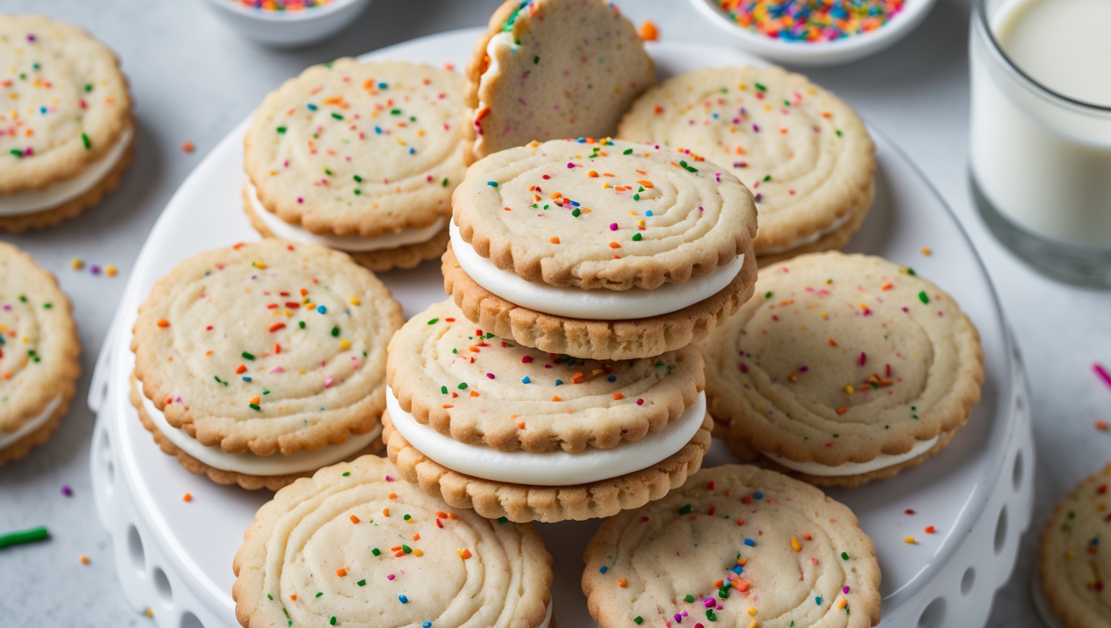 An overhead shot of perfectly round confetti sandwich cookies arranged in a spiral pattern on a white ceramic cake stand, with several cookies stacked to showcase the thick vanilla cream filling between the sprinkle-studded cookies. Soft natural light streams in from the left, highlighting the colorful rainbow sprinkles embedded in the pale golden cookie dough. A cross-section view reveals the contrast between the crunchy, sprinkle-flecked exterior and the smooth, creamy filling. In the background, a glass of milk, a small bowl of extra rainbow sprinkles, and a few loose cookies showing their sprinkle-studded tops complete the celebratory scene.