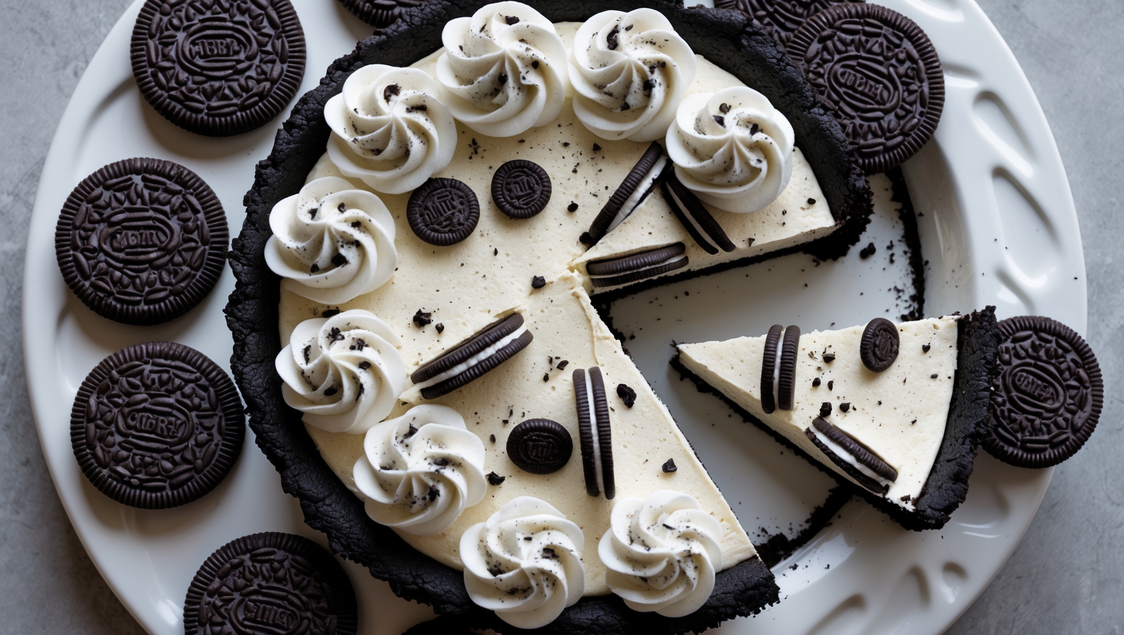 An overhead shot of a perfectly sliced Cookies and Cream Pie on a white ceramic cake stand, with natural light highlighting the contrast between the dark chocolate cookie crust and the cream-colored filling studded with chunks of chocolate sandwich cookies. A close-up reveals the distinct layers - the crumbly chocolate base, the silky vanilla cream filling with visible cookie pieces, and the decorative topping of whipped cream rosettes and crushed cookie dust. Several whole sandwich cookies are artfully arranged around the pie, with one slice pulled slightly away to showcase the clean, precise cut and the perfect texture of the filling that holds its shape while remaining luxuriously creamy.