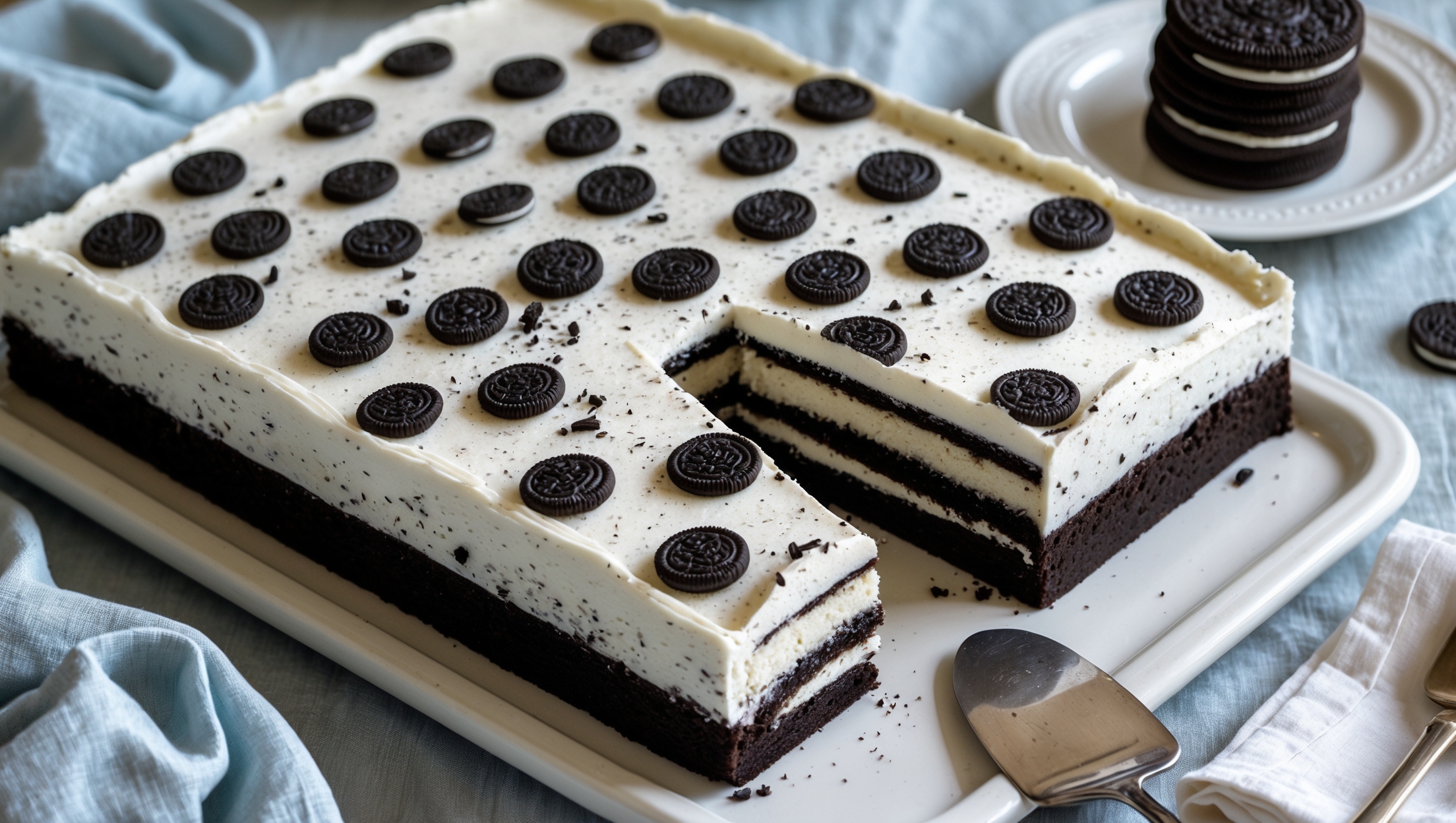 An overhead shot of a perfectly rectangular cookies and cream sheet cake displayed on a white ceramic platter. Natural light streams in from a nearby window, highlighting the cake's generous layer of fluffy white cream cheese frosting scattered with crushed Oreo cookies creating beautiful black specks throughout. A corner slice has been removed, revealing the tender vanilla cake crumb studded with chocolate cookie pieces. The cross-section shows a perfect ratio of cake to frosting, with visible cookie chunks embedded in both layers. A small stack of whole chocolate sandwich cookies sits beside the cake, while a vintage cake server rests on the platter, ready to serve the next slice. The scene is styled on a light blue linen tablecloth with delicate white napkins folded nearby.