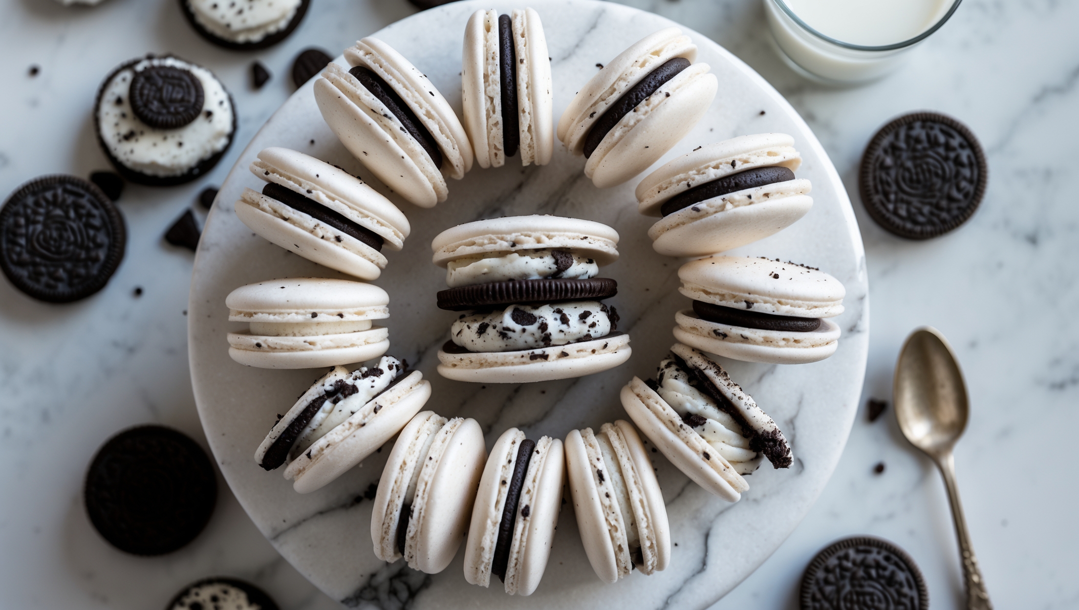 An overhead shot of perfectly formed Cookies and Cream Macarons arranged in a spiral pattern on a white marble cake stand. The macaron shells are pristine white with tiny specks of crushed Oreo cookies folded into half of them, creating visual contrast. A cross-section view reveals the generous cookies and cream filling studded with cookie crumbs sandwiched between two shells. Soft natural light streams in from the side, highlighting the smooth, glossy tops and signature "feet" at the base of each macaron. Several crushed chocolate sandwich cookies are artfully scattered around the composition, along with a small glass of milk and a vintage silver spoon resting nearby.