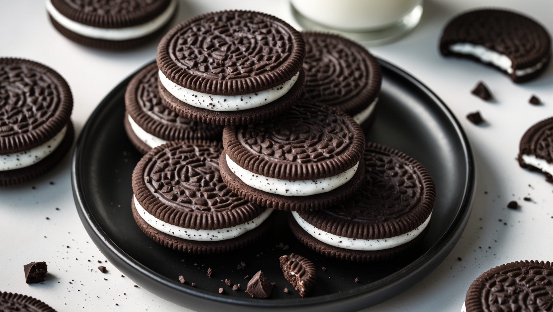An overhead shot of chocolate sandwich cookies with visible specks of crushed chocolate cookies in the white cream filling, arranged in a spiral pattern on a matte black ceramic plate. Several cookies are stacked to showcase the generous cream layer between the dark chocolate wafers, while a few are broken in half revealing the distinct black and white contrast. Soft natural light casts gentle shadows, highlighting the slightly crackled surface of the cookies. In the background, a small glass of milk and scattered cookie crumbs add context and texture. The styling is modern yet nostalgic, capturing the homemade appeal of these double-chocolate treats.