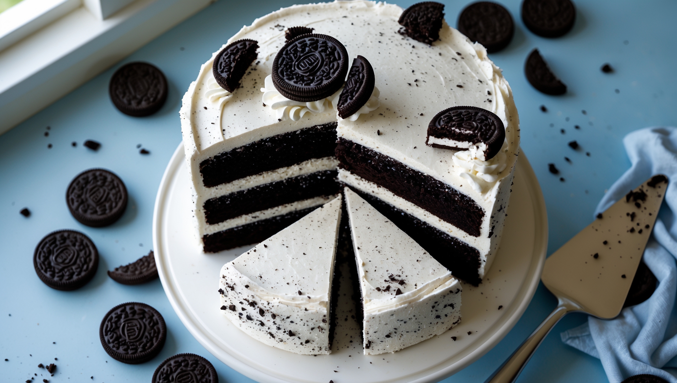 An overhead shot of a three-layer chocolate cake with striking white buttercream frosting speckled with Oreo cookie crumbs. The cross-section reveals perfect chocolate layers separated by thick, creamy frosting with visible cookie chunks. The cake sits on a white ceramic cake stand against a soft blue backdrop, with scattered whole and broken Oreo cookies artfully arranged around the base. Natural window light highlights the contrast between the moist, dark chocolate crumb and the bright white frosting, while a slice being pulled away reveals the perfect texture and layering. A silver cake server rests nearby, topped with crumbs from the just-cut slice.