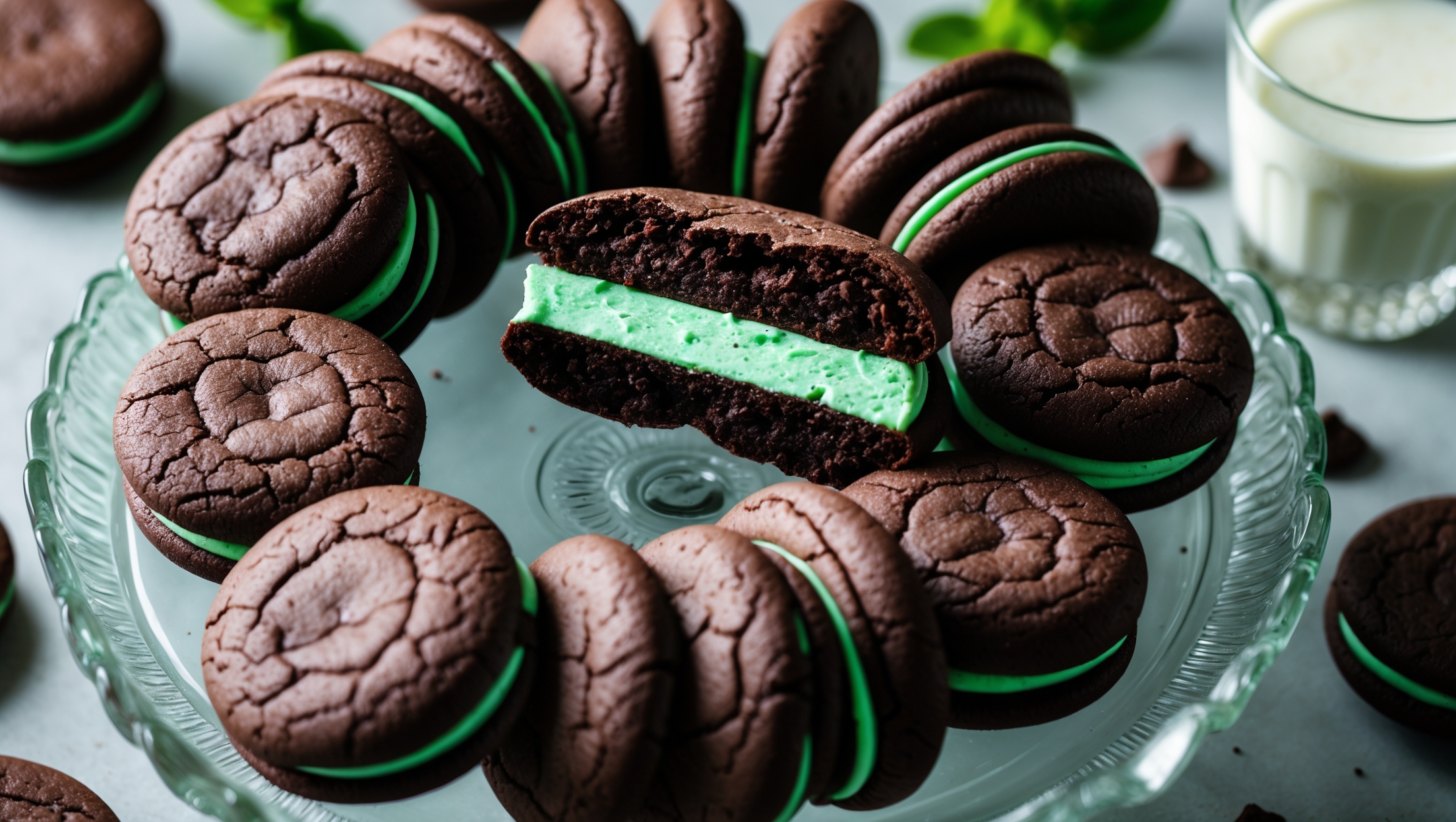 An overhead shot of perfectly round chocolate sandwich cookies arranged in a spiral pattern on a vintage milk-glass cake stand, with one cookie broken in half to reveal the vibrant mint-green filling inside. Soft natural light highlights the slightly crackled texture of the deep chocolate cookies and the smooth, creamy filling. In the background, a few fresh mint sprigs and scattered chocolate chips add context, while a glass of milk sits partially in frame. The contrast between the dark chocolate cookies and bright mint filling creates visual drama, with tiny flecks of chocolate visible in the filling for authentic homemade character.